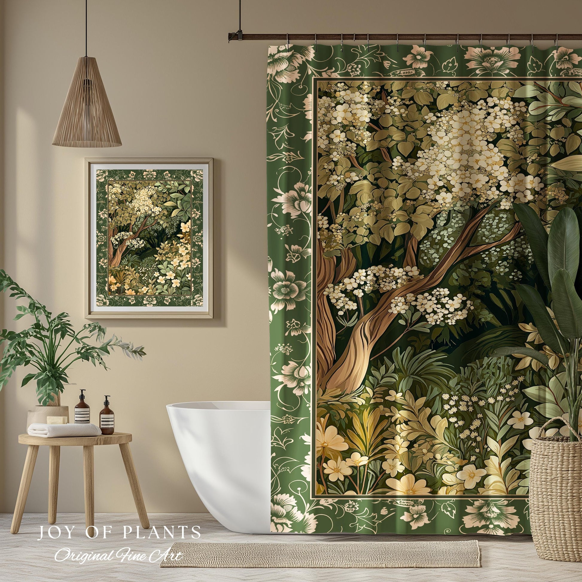 Soft Aesthetics Folklore Forest Shower Curtain Fairy Inspired Bathroom | Cozy Cottagecore Ethereal Nature Aesthetic Sage Green Indie Decor |