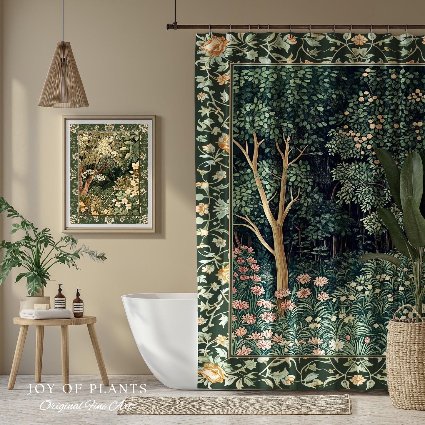 Medieval Forest Botanical Bathroom Accent | Woodland Botanical Emerald Green Vintage Aesthetic Mystic Storybook Shower Curtain Magical Style