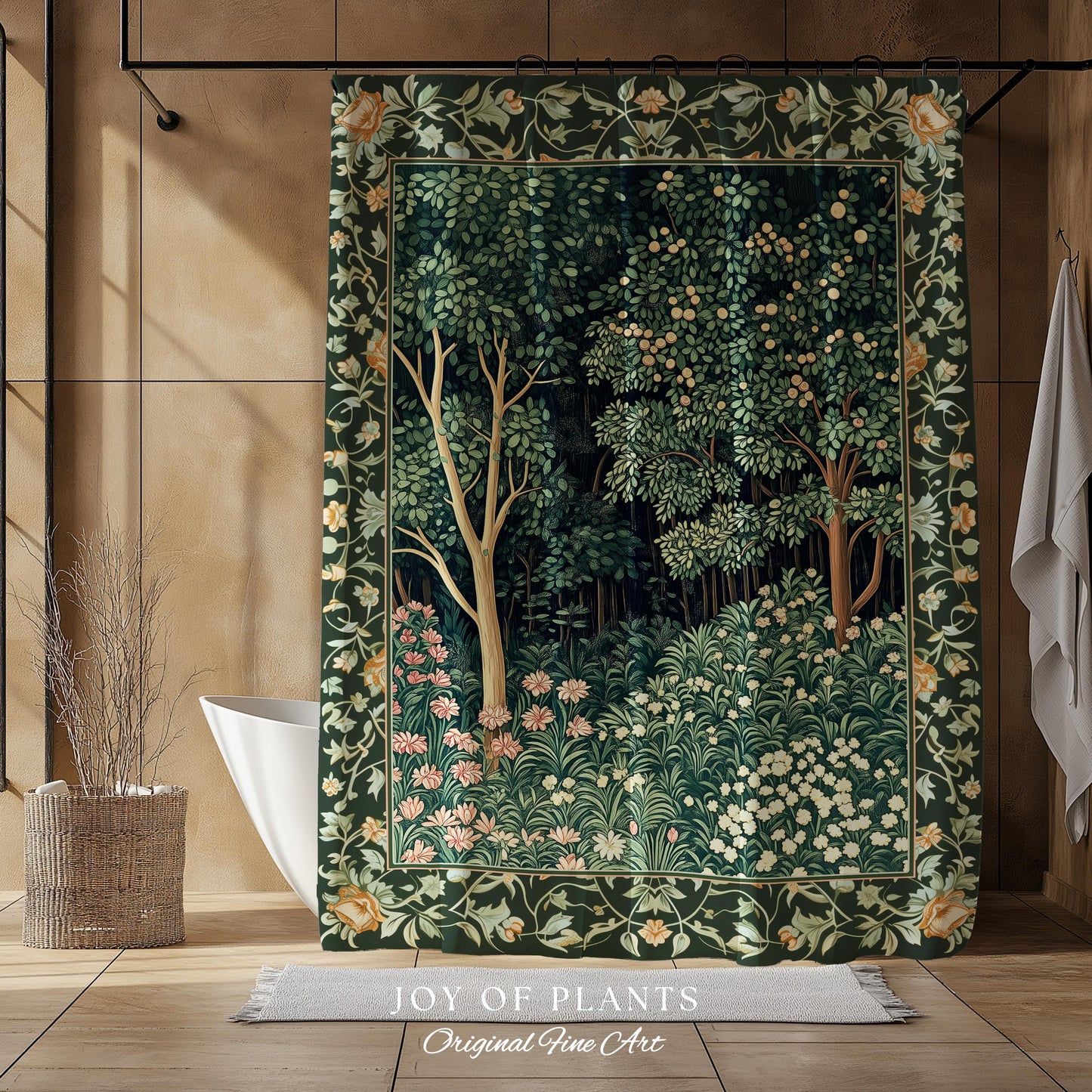 Medieval Forest Botanical Bathroom Accent | Woodland Botanical Emerald Green Vintage Aesthetic Mystic Storybook Shower Curtain Magical Style