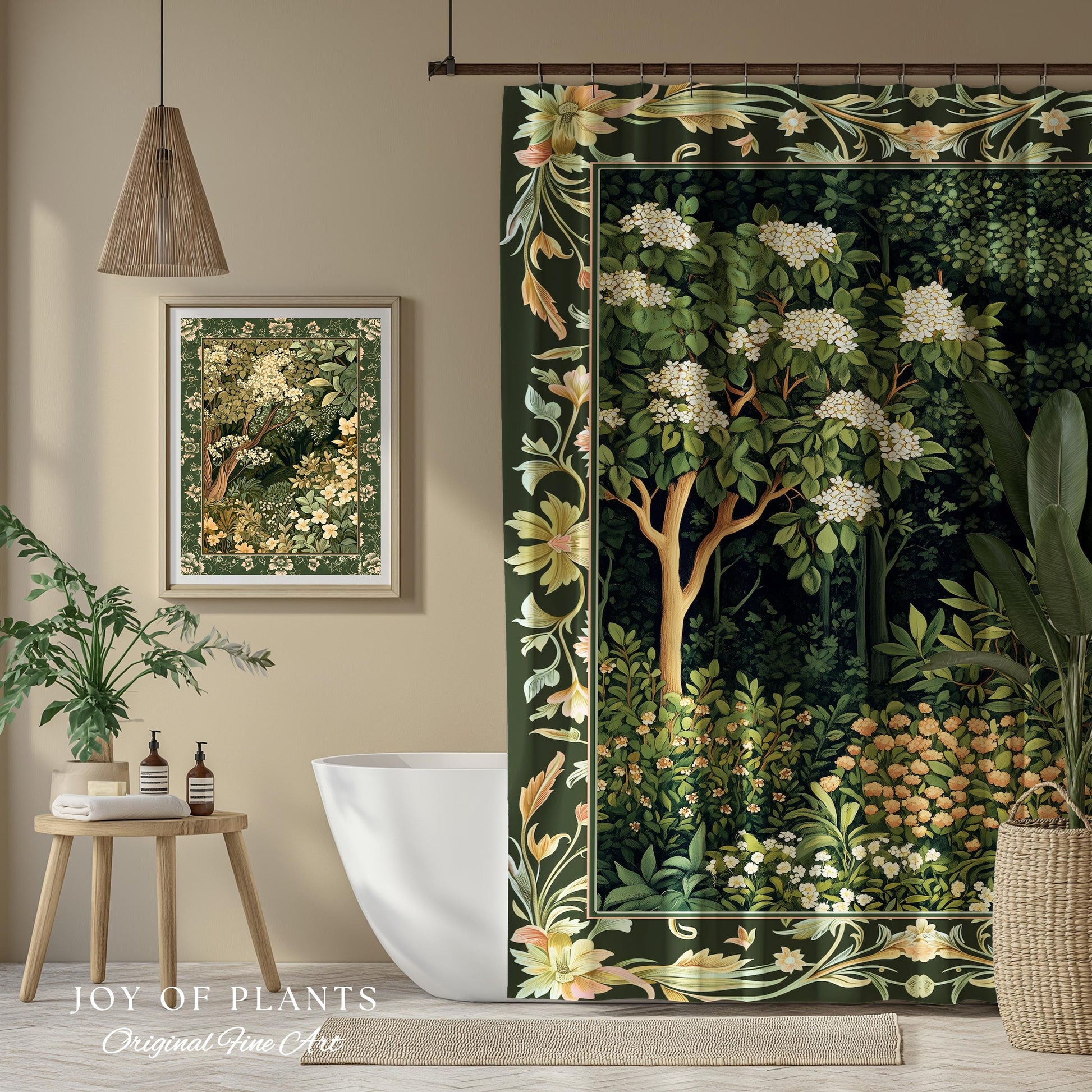 Emerald Green Medieval Tree Shower Curtain | Magical Woodland Cottagecore Aesthetic Nature Lover Bathroom Olive Green Decor Boho Botanicals