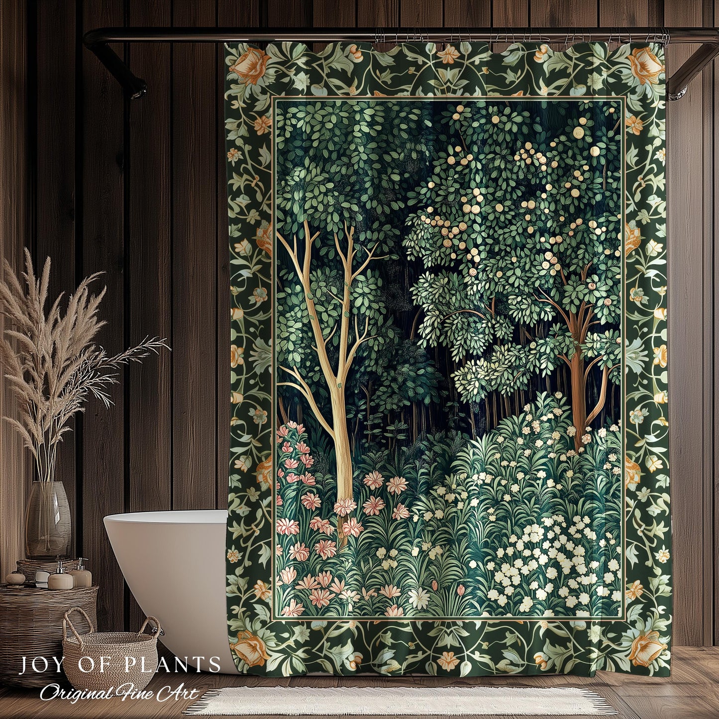 Medieval Forest Botanical Bathroom Accent | Woodland Botanical Emerald Green Vintage Aesthetic Mystic Storybook Shower Curtain Magical Style