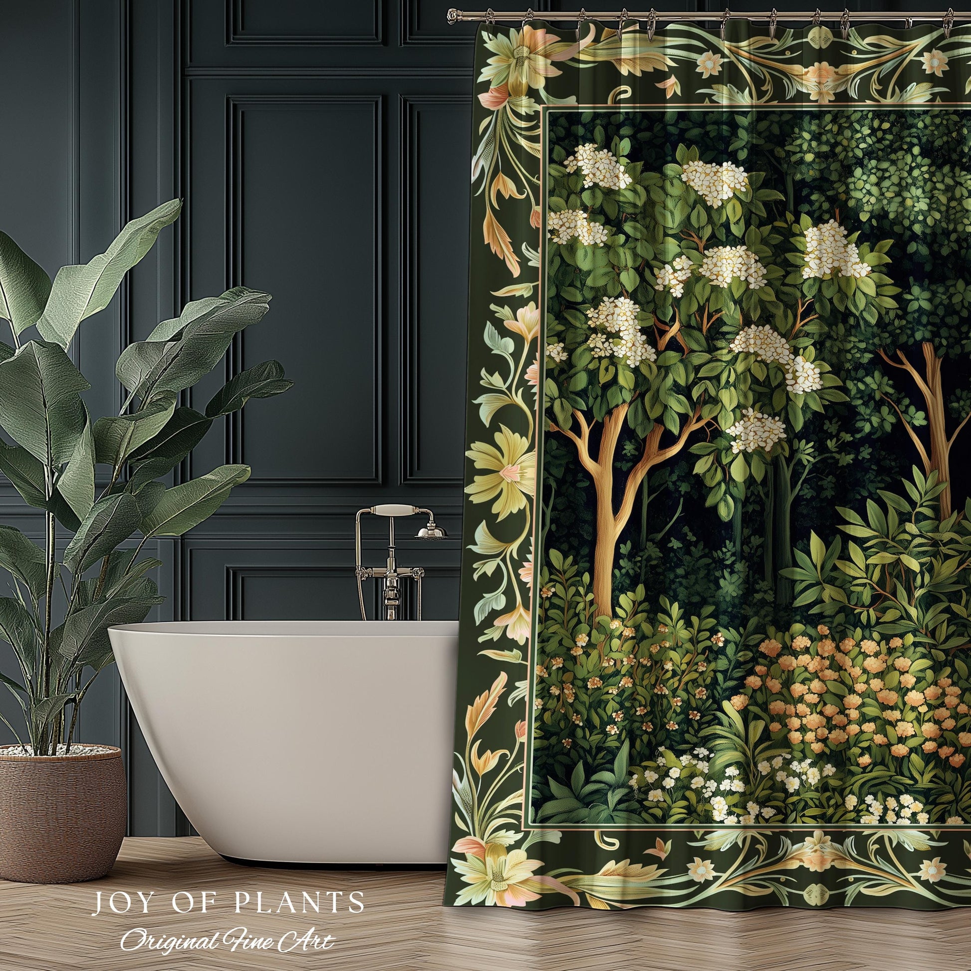 Emerald Green Medieval Tree Shower Curtain | Magical Woodland Cottagecore Aesthetic Nature Lover Bathroom Olive Green Decor Boho Botanicals