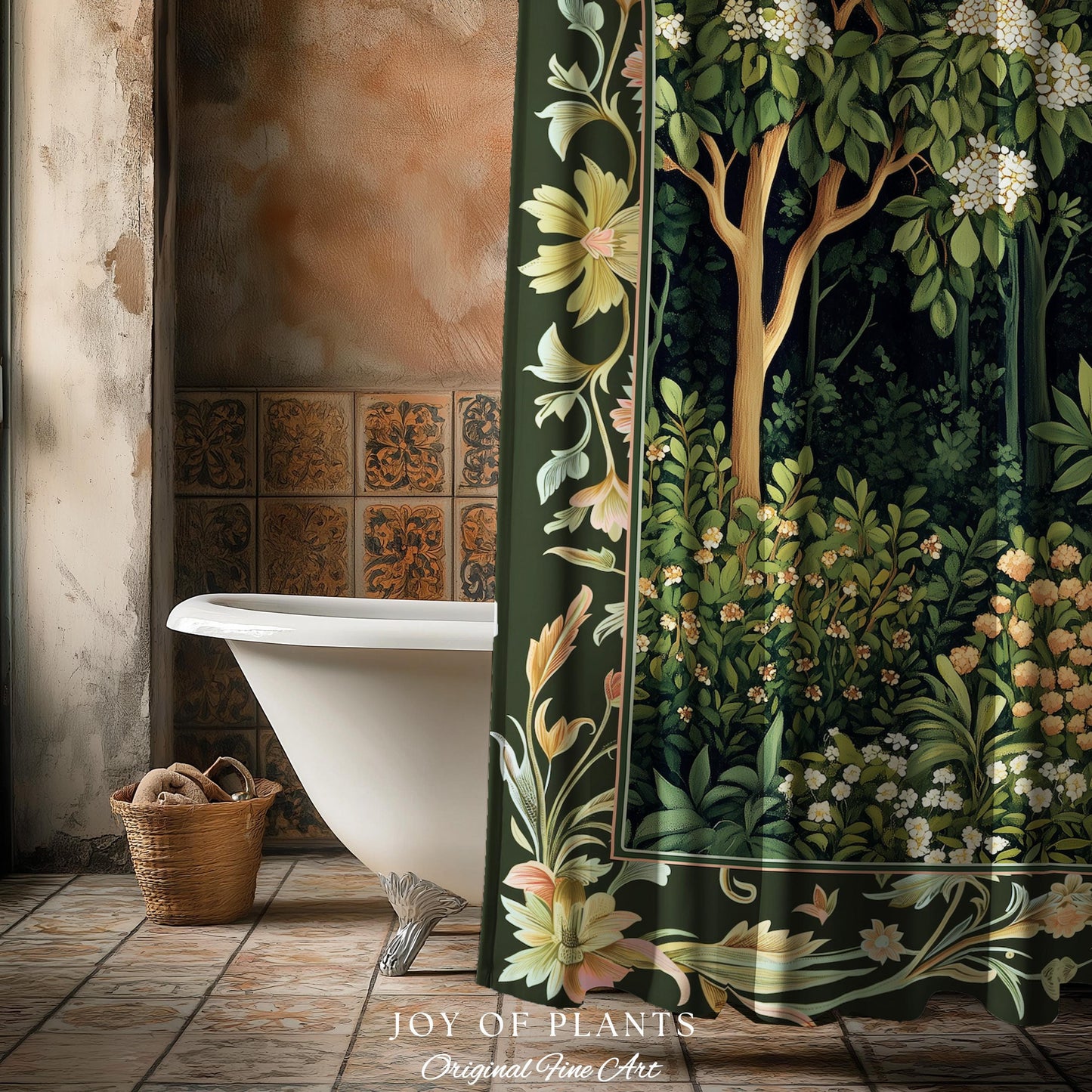 Emerald Green Medieval Tree Shower Curtain | Magical Woodland Cottagecore Aesthetic Nature Lover Bathroom Olive Green Decor Boho Botanicals