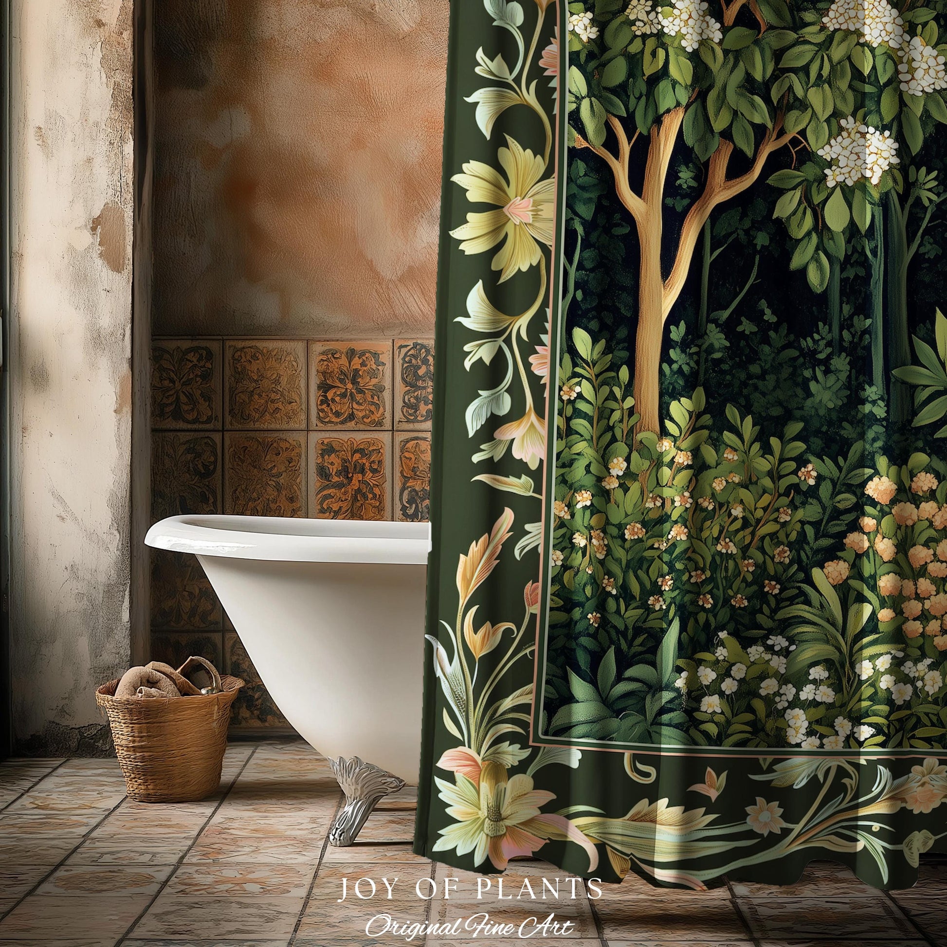 Emerald Green Medieval Tree Shower Curtain | Magical Woodland Cottagecore Aesthetic Nature Lover Bathroom Olive Green Decor Boho Botanicals
