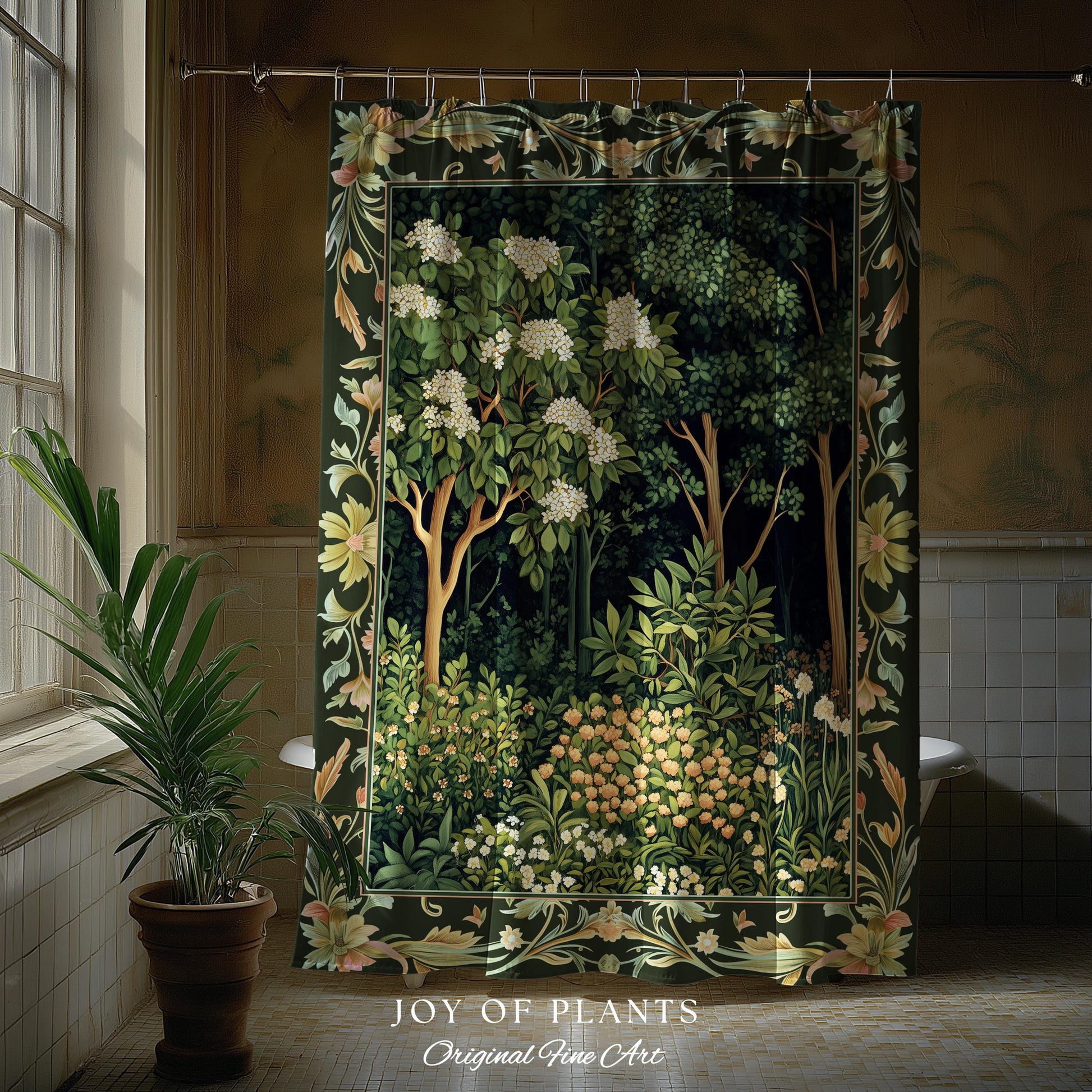 Emerald Green Medieval Tree Shower Curtain | Magical Woodland Cottagecore Aesthetic Nature Lover Bathroom Olive Green Decor Boho Botanicals
