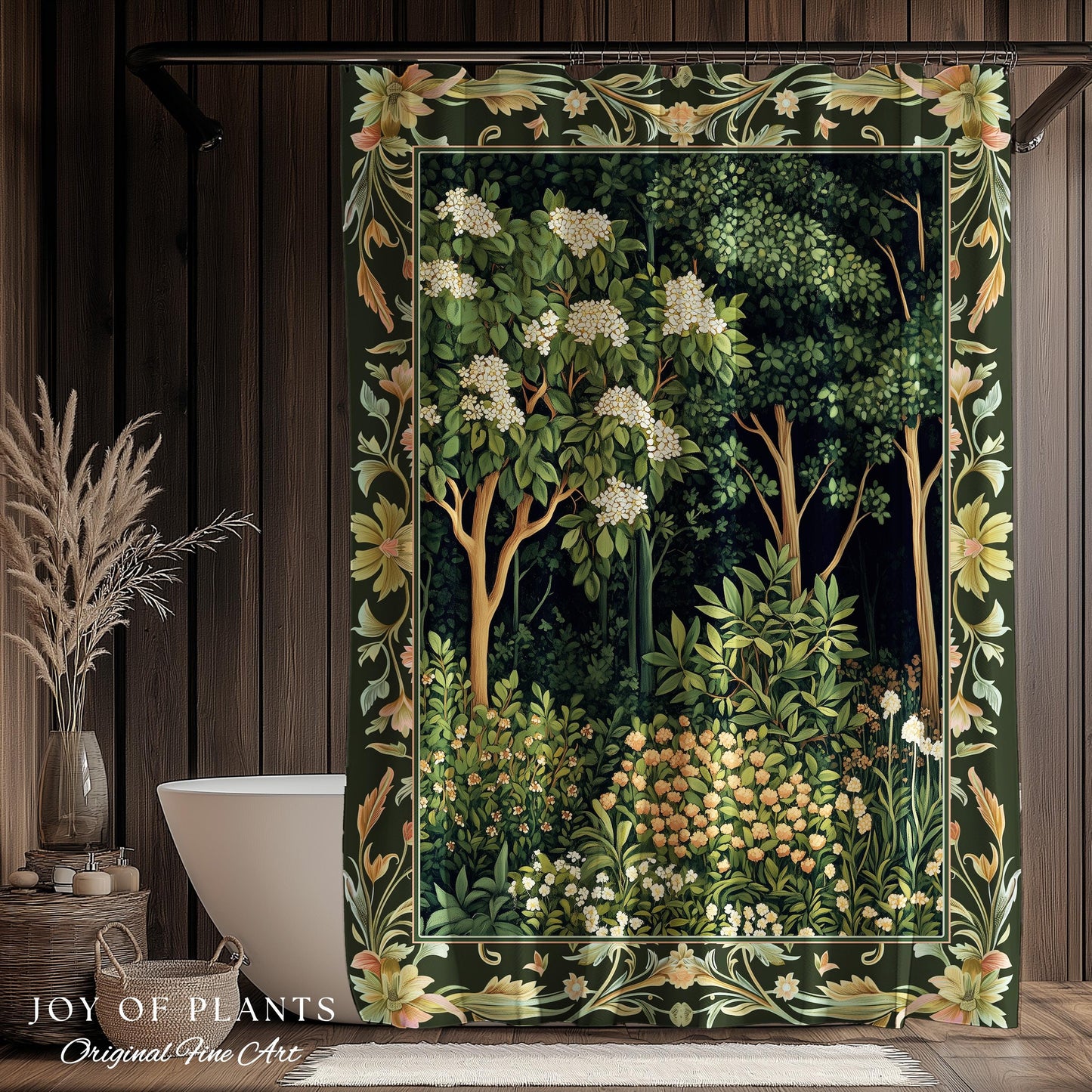 Emerald Green Medieval Tree Shower Curtain | Magical Woodland Cottagecore Aesthetic Nature Lover Bathroom Olive Green Decor Boho Botanicals