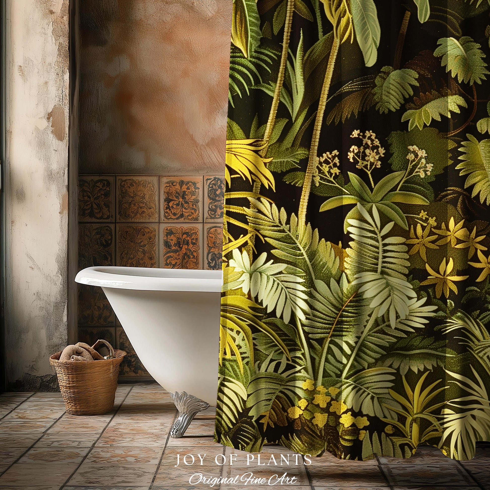 Moody Botanical Jungle Leaves Shower Curtain | Eclectic Green Maximalist Bathroom Whimsigoth Vintage Botanical Nature Aesthetic Forest Decor