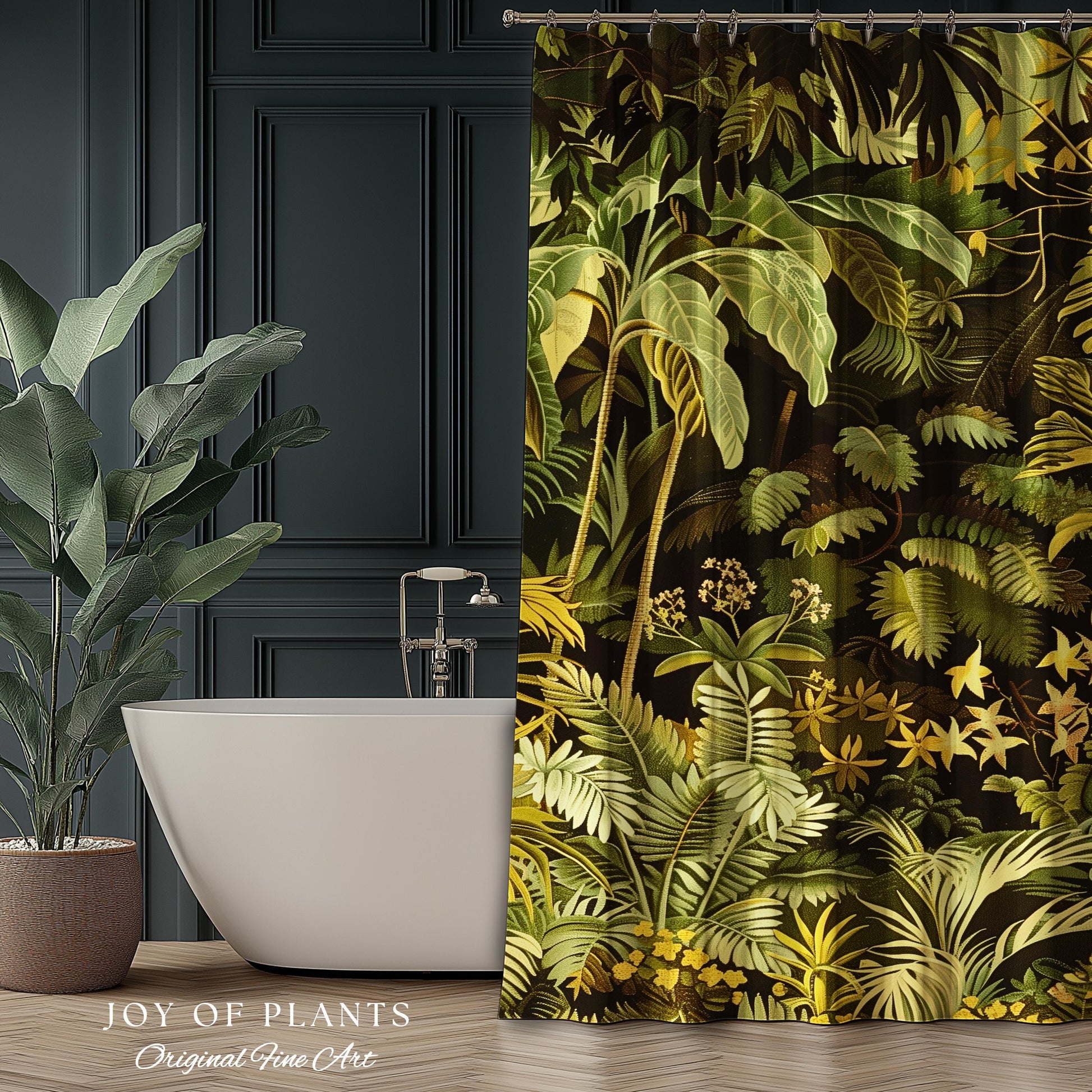 Moody Botanical Jungle Leaves Shower Curtain | Eclectic Green Maximalist Bathroom Whimsigoth Vintage Botanical Nature Aesthetic Forest Decor