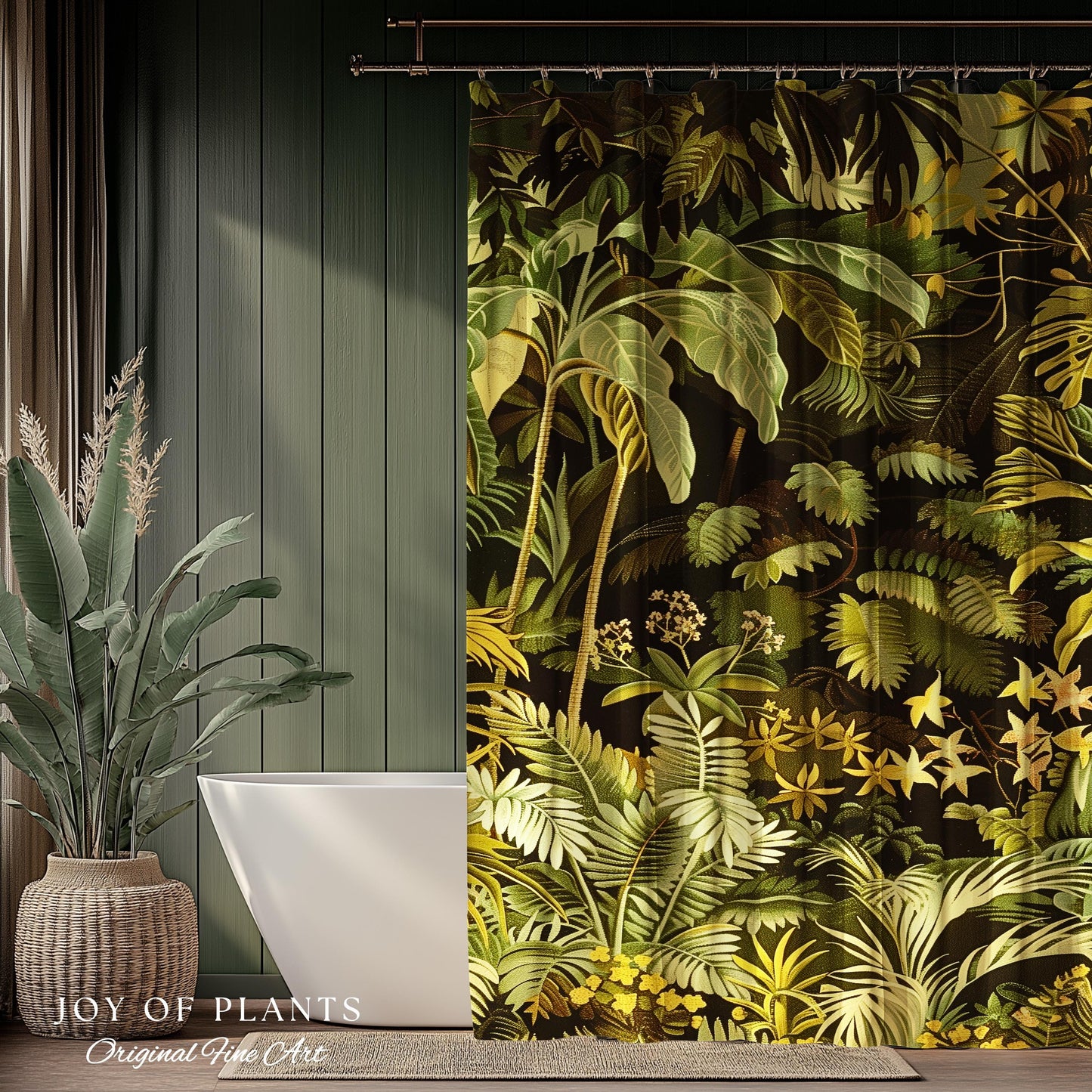 Moody Botanical Jungle Leaves Shower Curtain | Eclectic Green Maximalist Bathroom Whimsigoth Vintage Botanical Nature Aesthetic Forest Decor