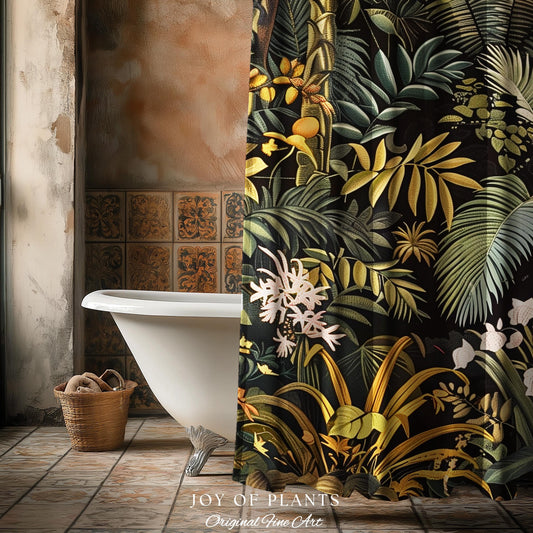 Earthy Colors Tropical Leaves Shower Curtain | Jungle Theme Bathroom Decor Whimsical Botanical Bath Room Forest Houseplant Lover Home Accent