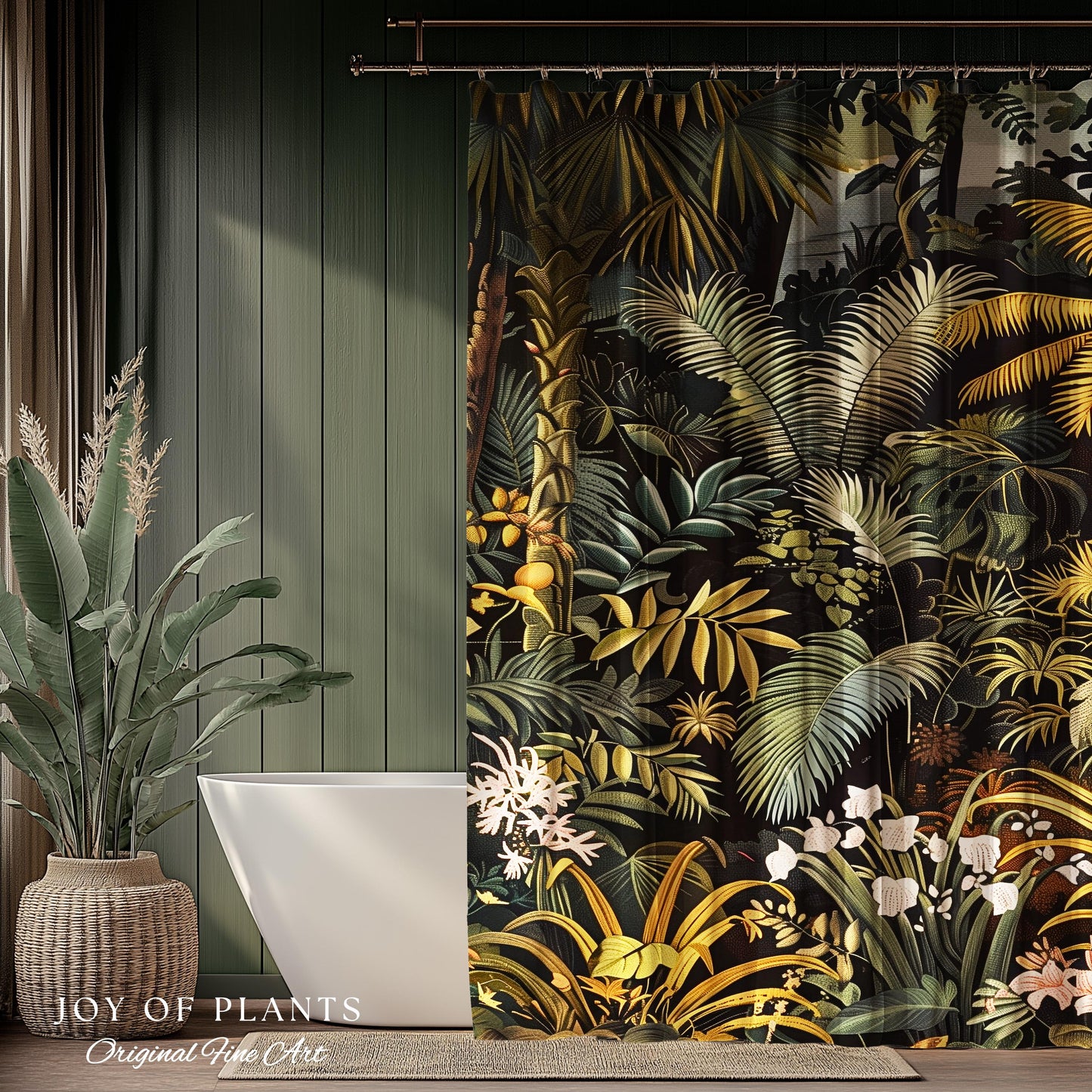 Earthy Colors Tropical Leaves Shower Curtain | Jungle Theme Bathroom Decor Whimsical Botanical Bath Room Forest Houseplant Lover Home Accent