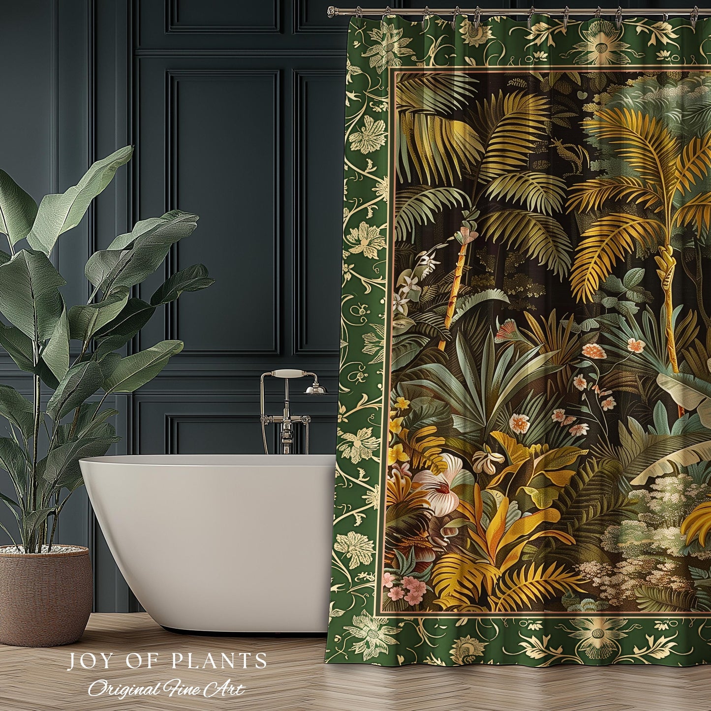 Maximalist Botanical Jungle Shower Curtain | Exotic Leaf Tropical Nature Theme Bathroom Decor Vintage Elegance Boho Jungle Greenery Curtain