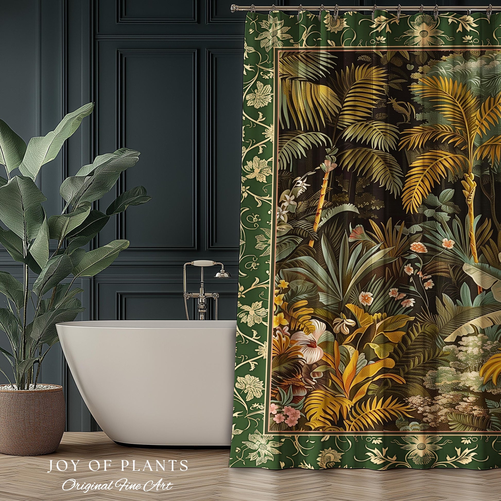 Maximalist Botanical Jungle Shower Curtain | Exotic Leaf Tropical Nature Theme Bathroom Decor Vintage Elegance Boho Jungle Greenery Curtain