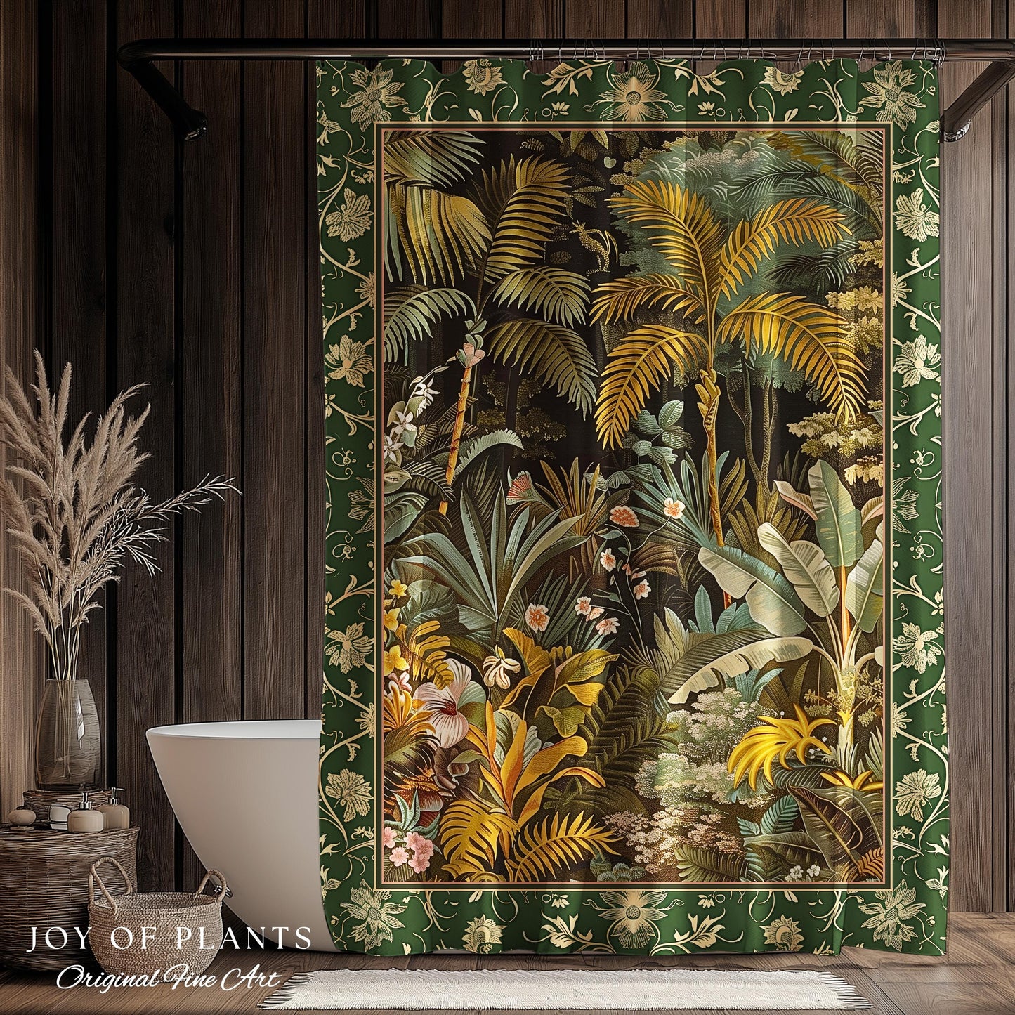 Maximalist Botanical Jungle Shower Curtain | Exotic Leaf Tropical Nature Theme Bathroom Decor Vintage Elegance Boho Jungle Greenery Curtain