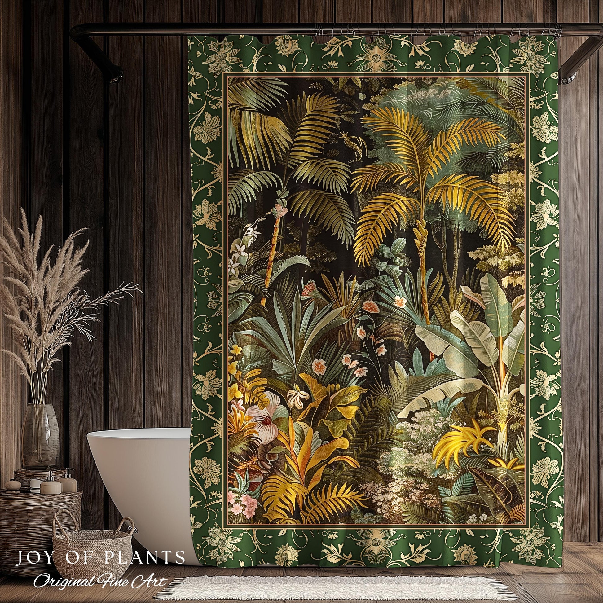 Maximalist Botanical Jungle Shower Curtain | Exotic Leaf Tropical Nature Theme Bathroom Decor Vintage Elegance Boho Jungle Greenery Curtain