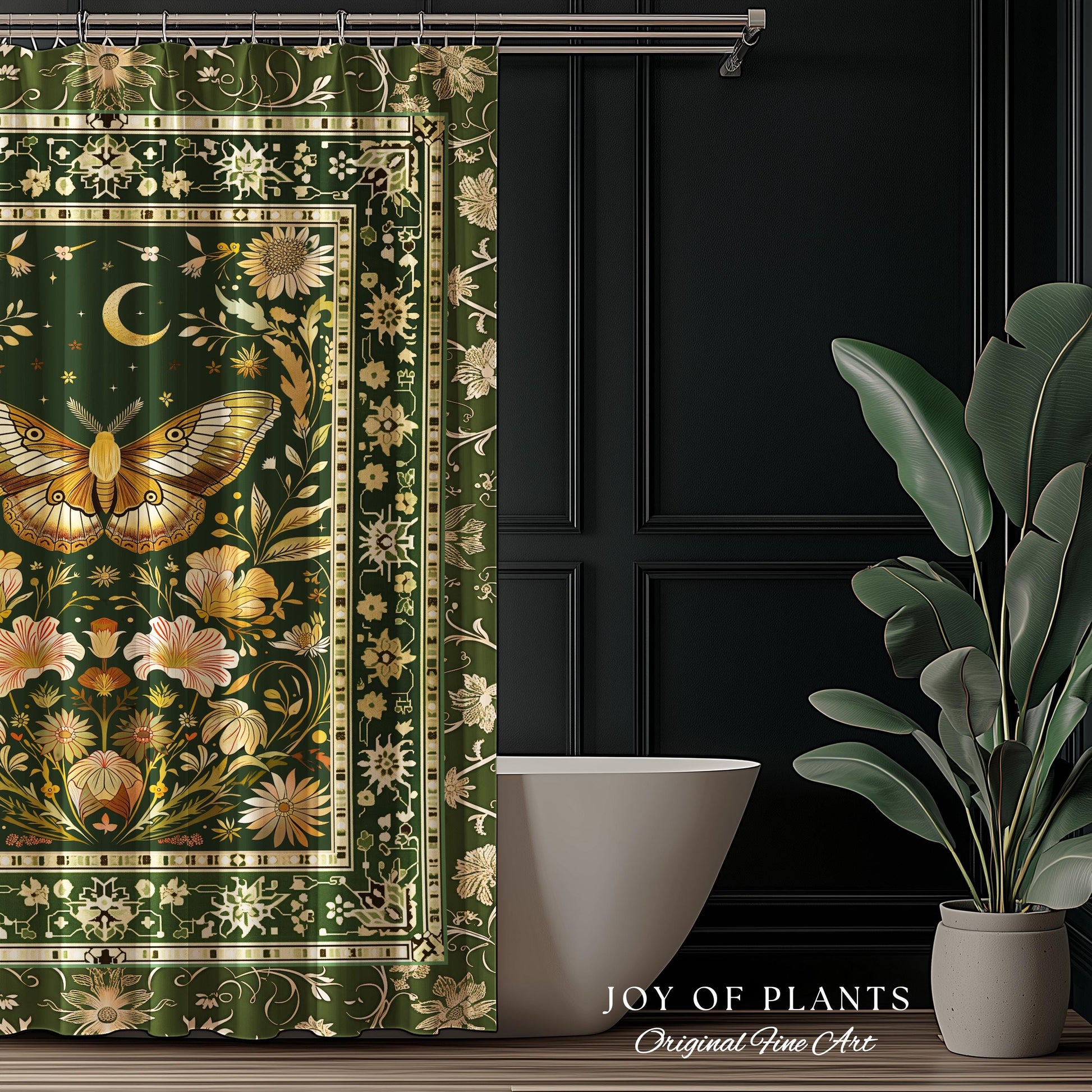 Boho Butterfly Moon Floral Garden Shower Curtain Vintage Sage Green Cottagecore Botanical Decor | Enchanted Forest Bathroom Moth Bohemian |