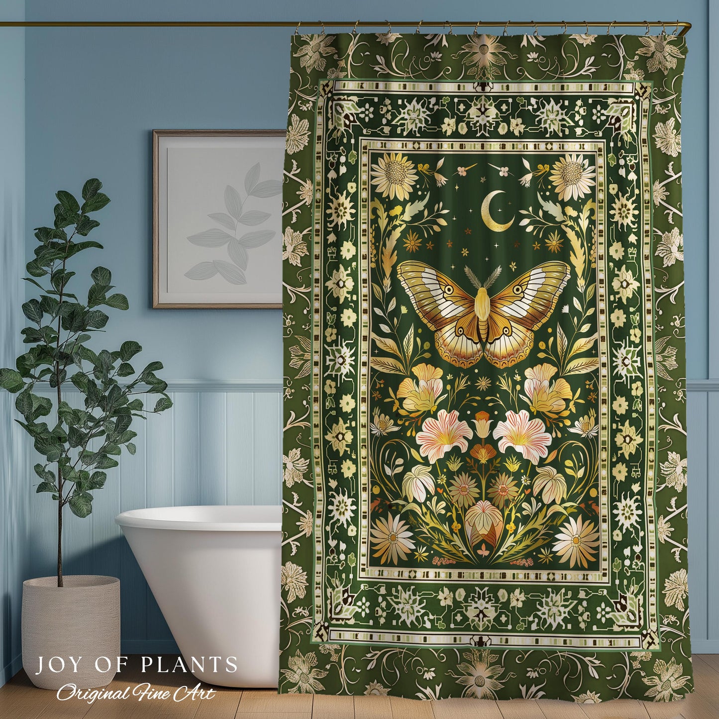 Boho Butterfly Moon Floral Garden Shower Curtain Vintage Sage Green Cottagecore Botanical Decor | Enchanted Forest Bathroom Moth Bohemian |