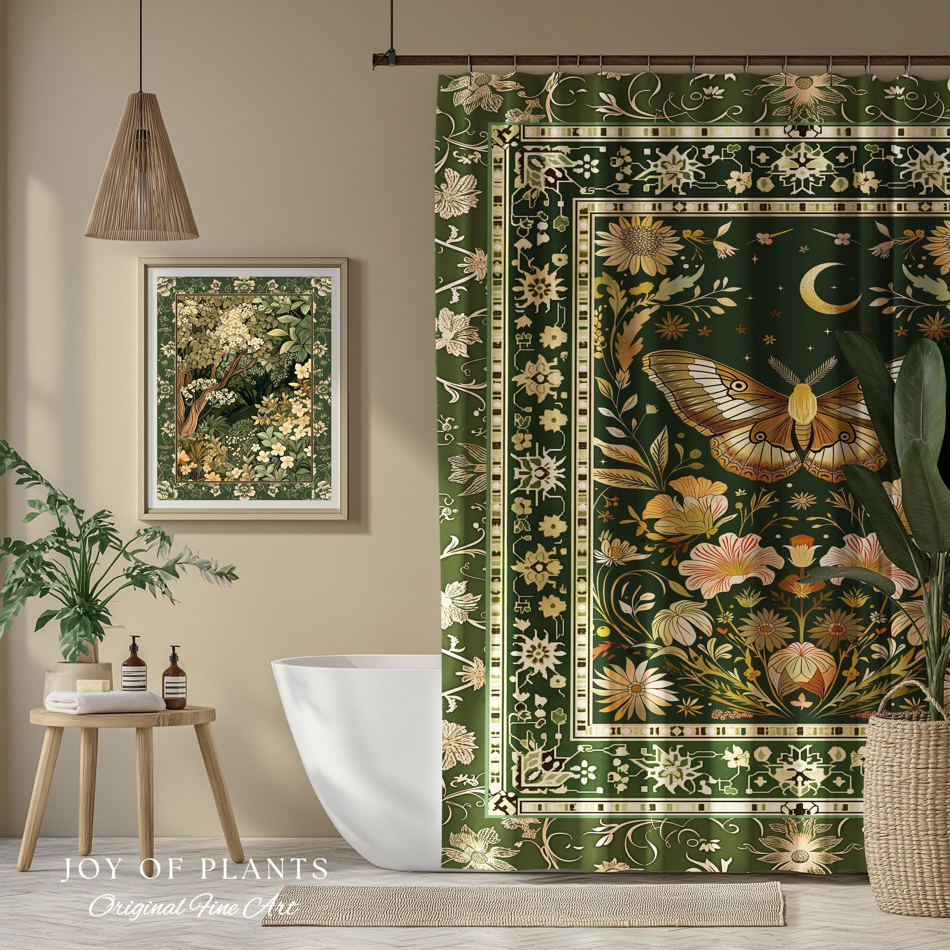 Boho Butterfly Moon Floral Garden Shower Curtain Vintage Sage Green Cottagecore Botanical Decor | Enchanted Forest Bathroom Moth Bohemian |