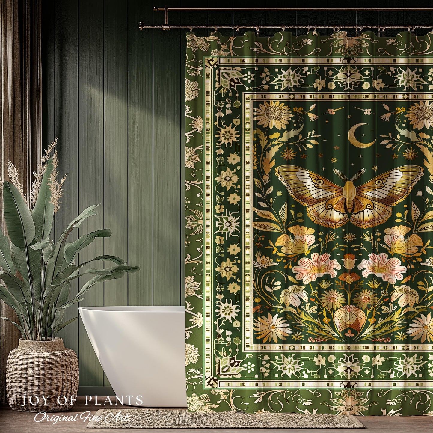 Boho Butterfly Moon Floral Garden Shower Curtain Vintage Sage Green Cottagecore Botanical Decor | Enchanted Forest Bathroom Moth Bohemian |