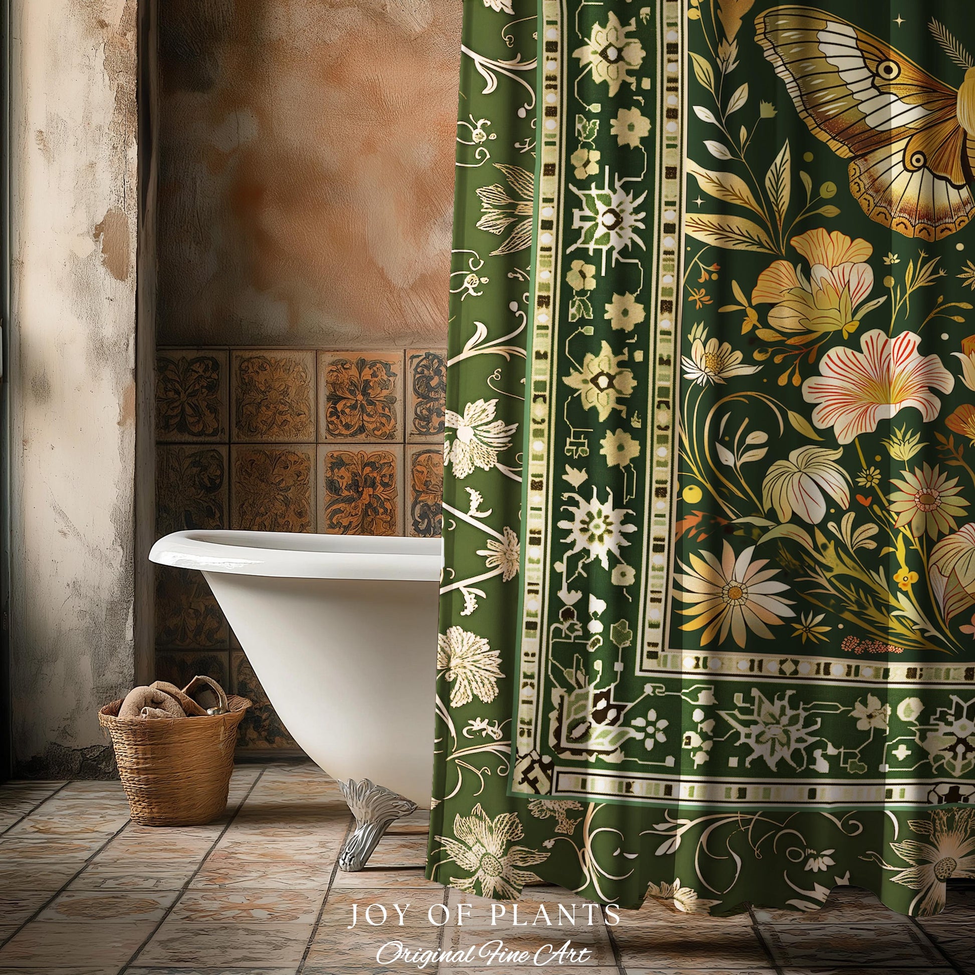 Boho Butterfly Moon Floral Garden Shower Curtain Vintage Sage Green Cottagecore Botanical Decor | Enchanted Forest Bathroom Moth Bohemian |