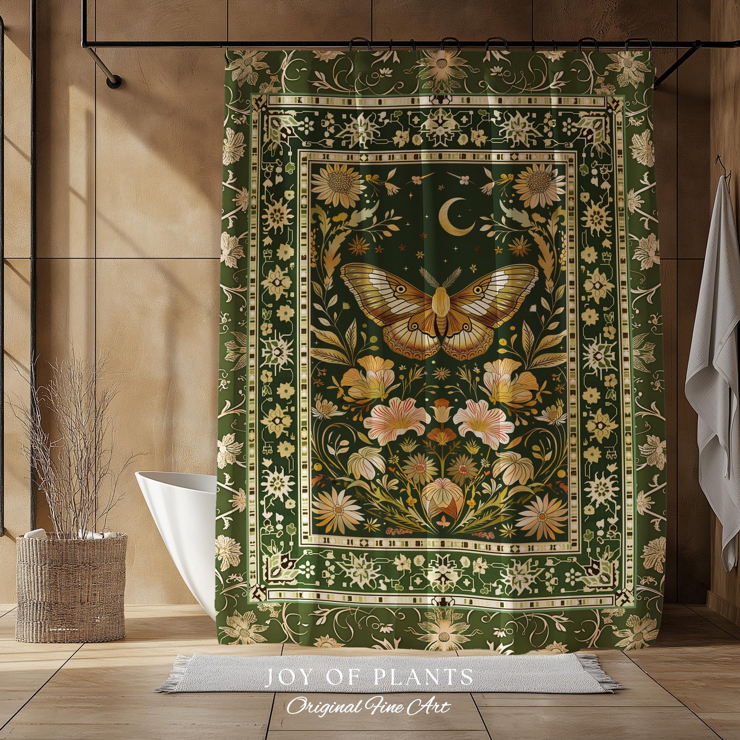 Boho Butterfly Moon Floral Garden Shower Curtain Vintage Sage Green Cottagecore Botanical Decor | Enchanted Forest Bathroom Moth Bohemian |