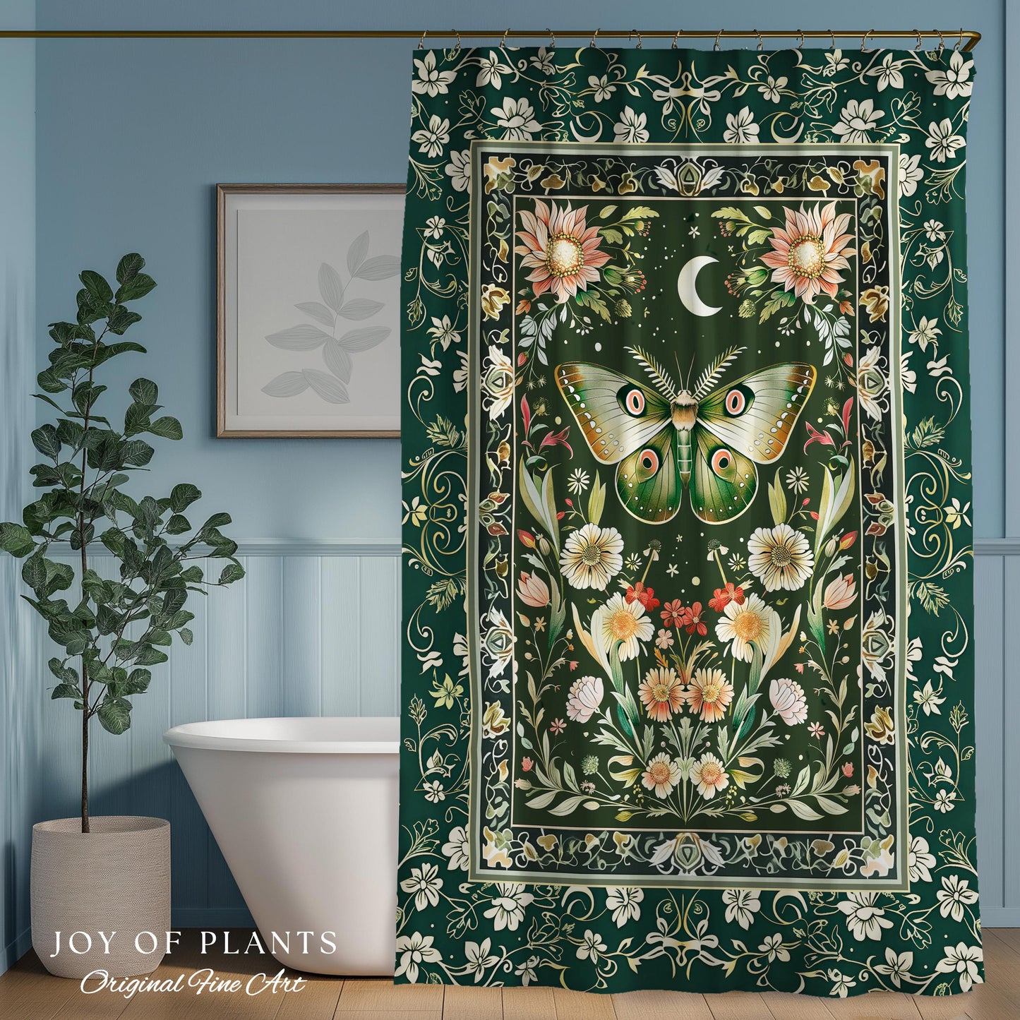 Botanical Moth Moon Shower Curtain Whimsical Floral Fairycore Enchanted Forest Green Bathroom Cottagecore Woodland Whimsy Butterfly Decor |