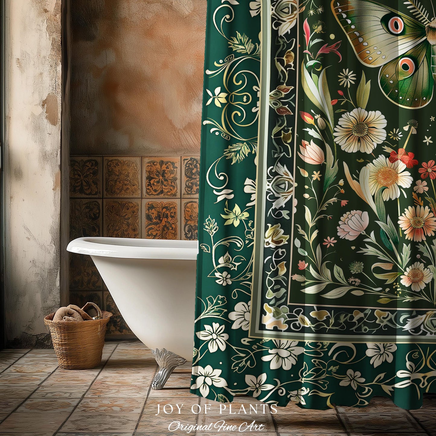 Botanical Moth Moon Shower Curtain Whimsical Floral Fairycore Enchanted Forest Green Bathroom Cottagecore Woodland Whimsy Butterfly Decor |