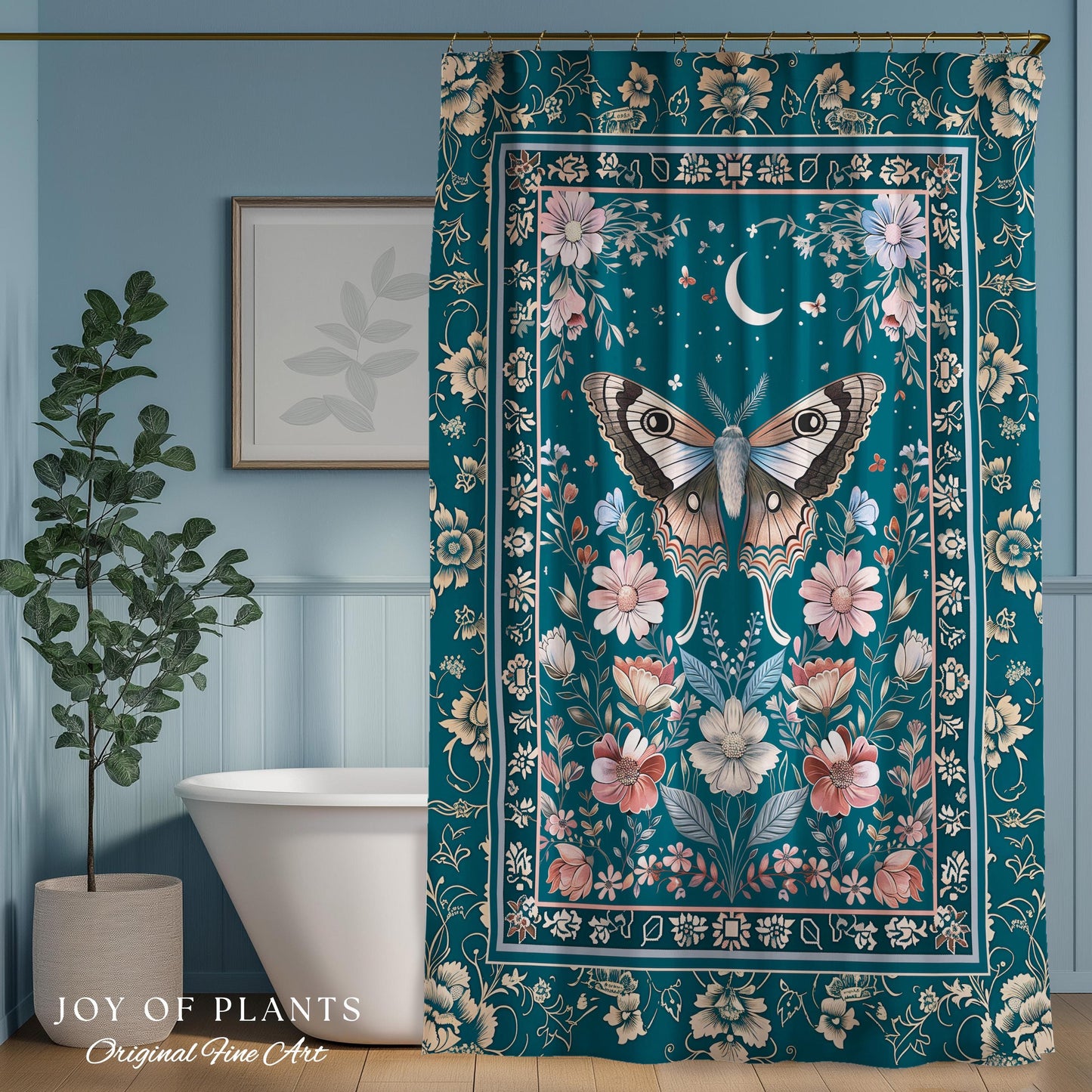 Magic Aesthetic Teal Shower Curtain | Celestial Fairycore Eclectic Maximalist Bathroom Accent Woodland Cottagecore Forestcore Pastel Mystic