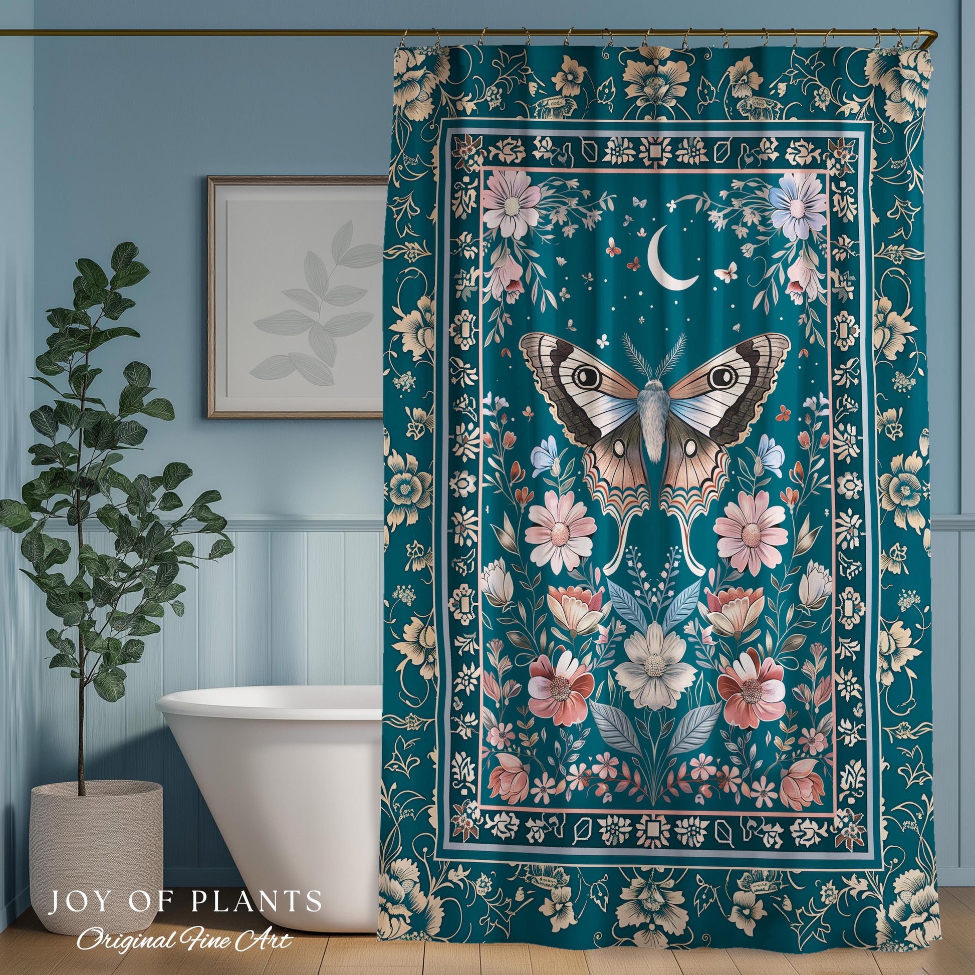 Magic Aesthetic Teal Shower Curtain | Celestial Fairycore Eclectic Maximalist Bathroom Accent Woodland Cottagecore Forestcore Pastel Mystic