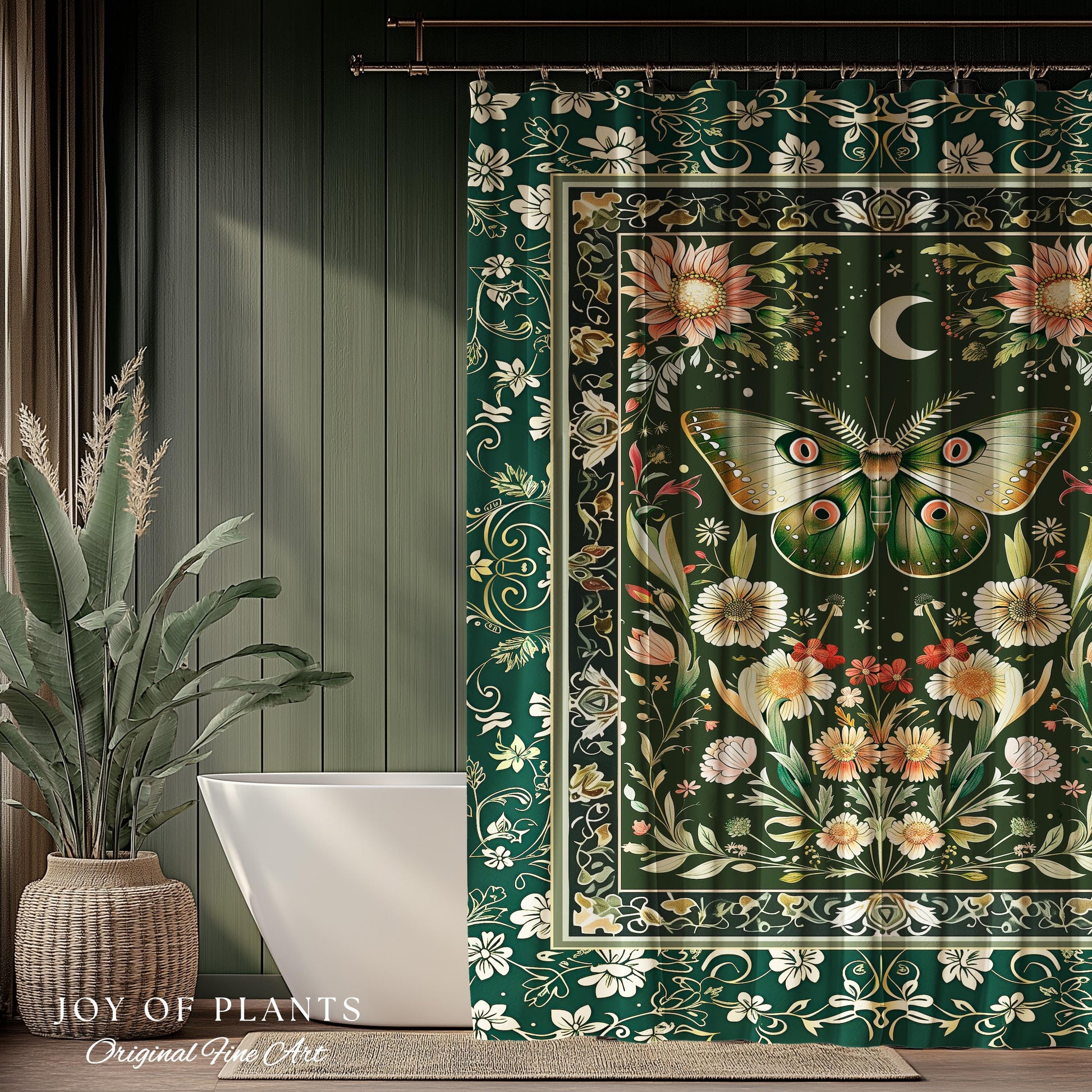 Botanical Moth Moon Shower Curtain Whimsical Floral Fairycore Enchanted Forest Green Bathroom Cottagecore Woodland Whimsy Butterfly Decor |