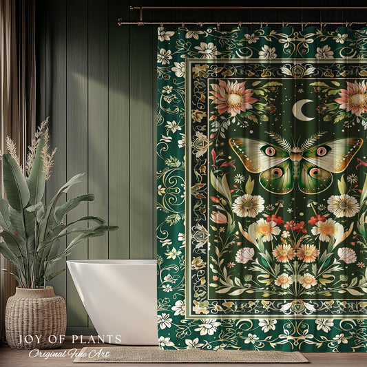 Botanical Moth Moon Shower Curtain Whimsical Floral Fairycore Enchanted Forest Green Bathroom Cottagecore Woodland Whimsy Butterfly Decor |