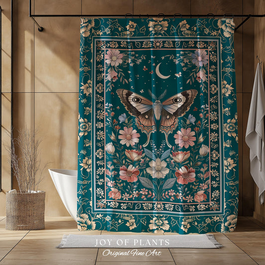 Magic Aesthetic Teal Shower Curtain | Celestial Fairycore Eclectic Maximalist Bathroom Accent Woodland Cottagecore Forestcore Pastel Mystic