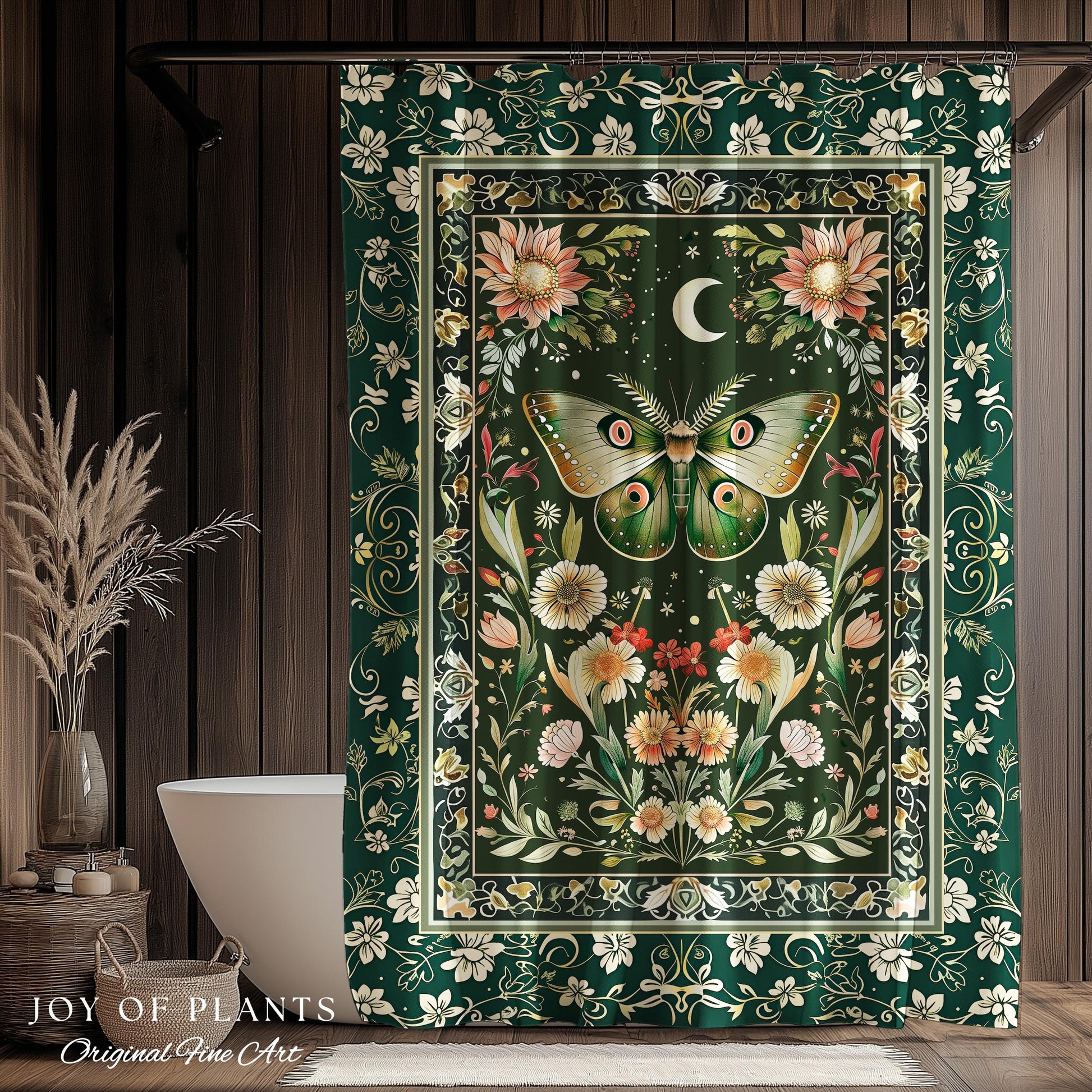 Botanical Moth Moon Shower Curtain Whimsical Floral Fairycore Enchanted Forest Green Bathroom Cottagecore Woodland Whimsy Butterfly Decor |