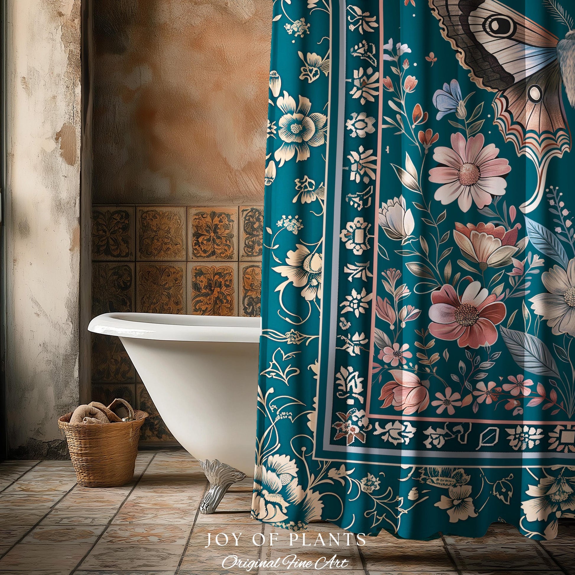 Magic Aesthetic Teal Shower Curtain | Celestial Fairycore Eclectic Maximalist Bathroom Accent Woodland Cottagecore Forestcore Pastel Mystic