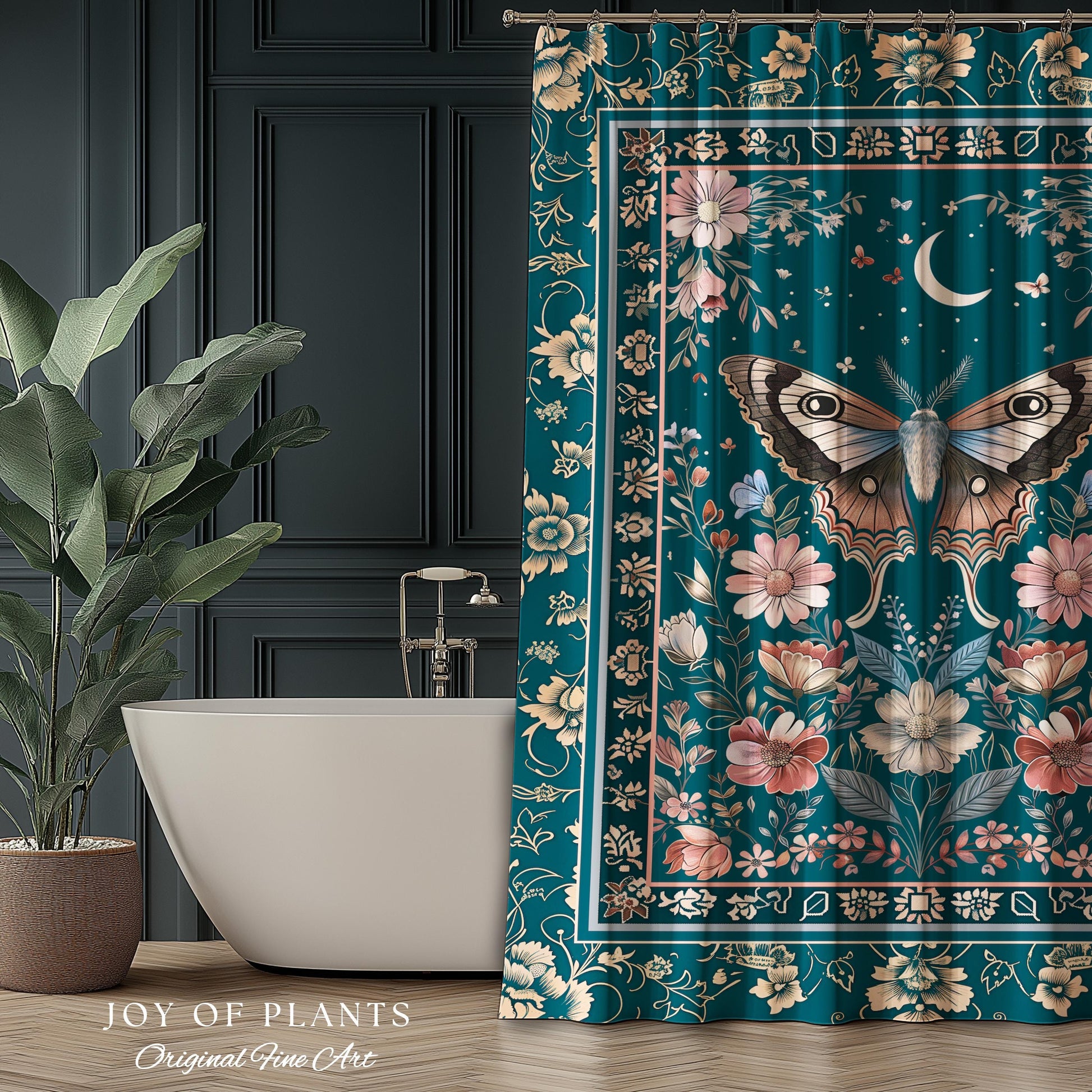 Magic Aesthetic Teal Shower Curtain | Celestial Fairycore Eclectic Maximalist Bathroom Accent Woodland Cottagecore Forestcore Pastel Mystic