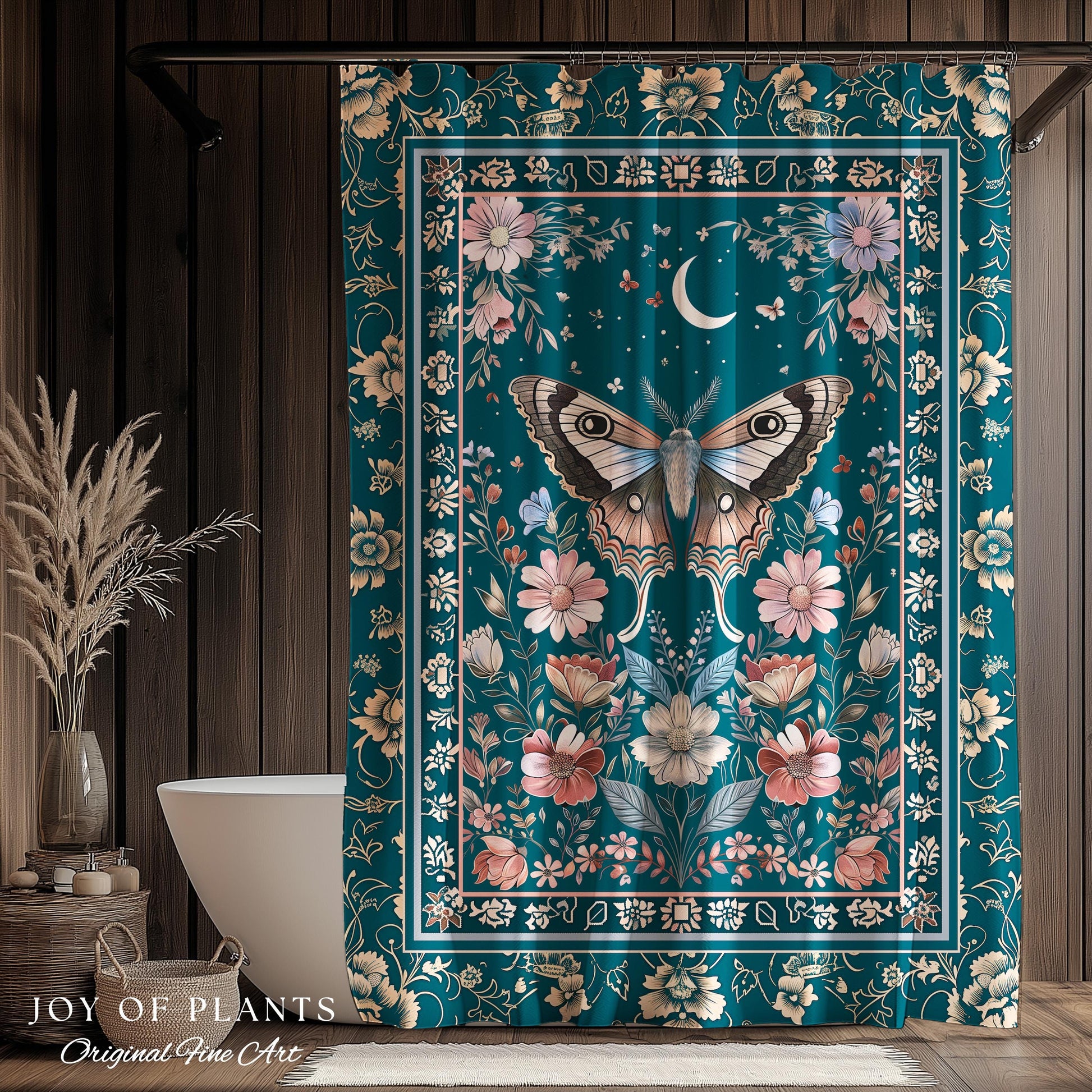 Magic Aesthetic Teal Shower Curtain | Celestial Fairycore Eclectic Maximalist Bathroom Accent Woodland Cottagecore Forestcore Pastel Mystic