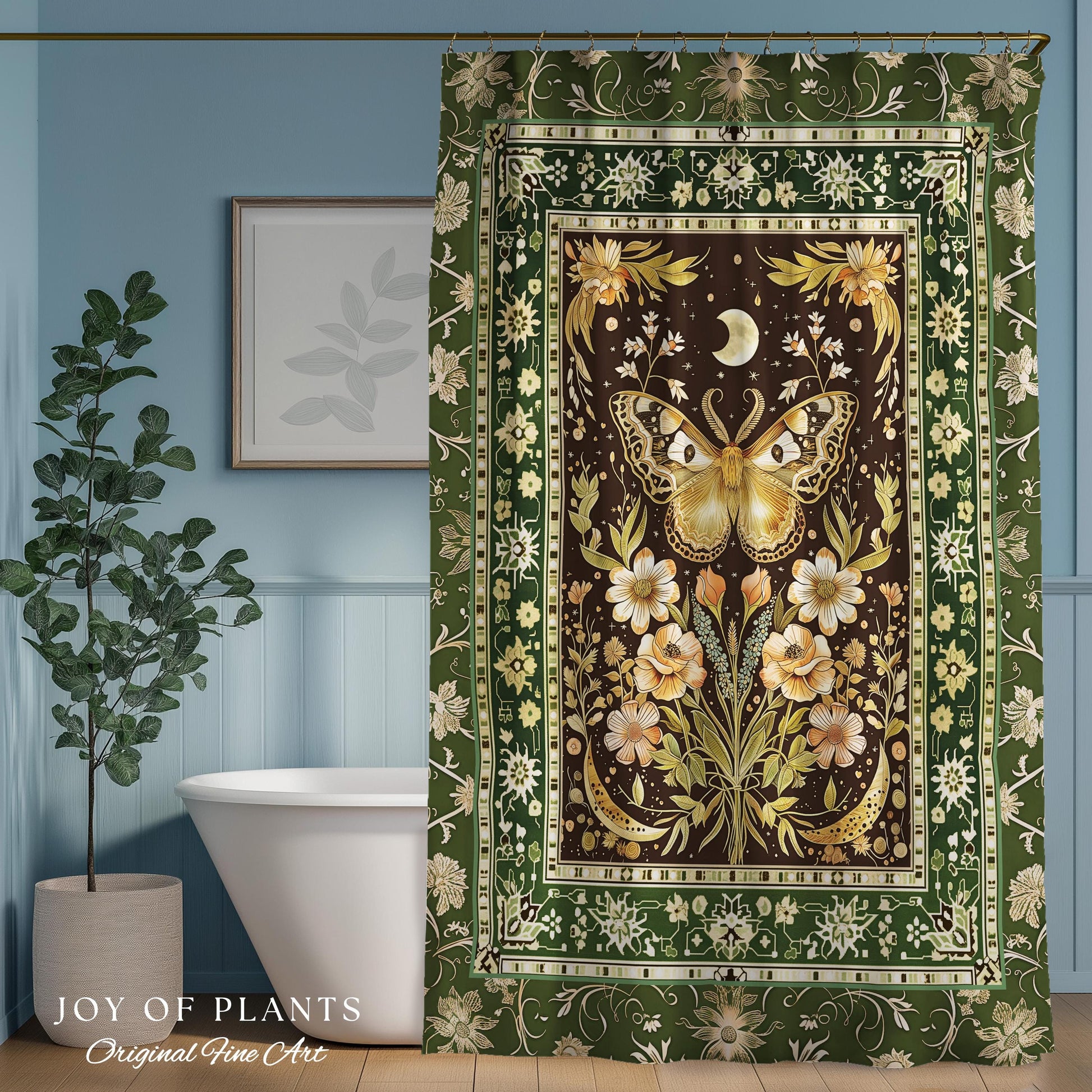 Hippie Moth Moon Shower Curtain | Floral Whimsy Fairy Aesthetic Enchanted Boho Vintage Forest Green Cottagecore Woodland Butterfly Bathroom