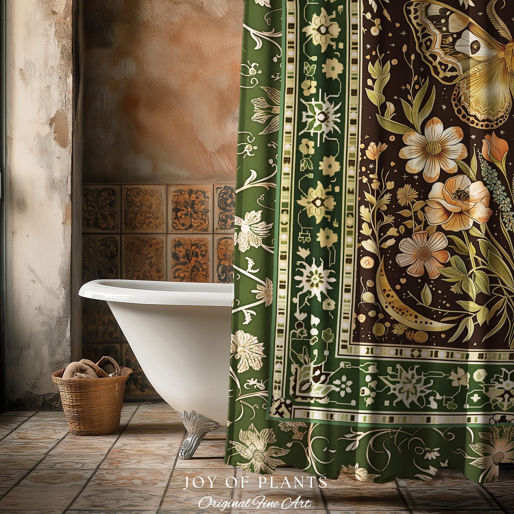 Hippie Moth Moon Shower Curtain | Floral Whimsy Fairy Aesthetic Enchanted Boho Vintage Forest Green Cottagecore Woodland Butterfly Bathroom
