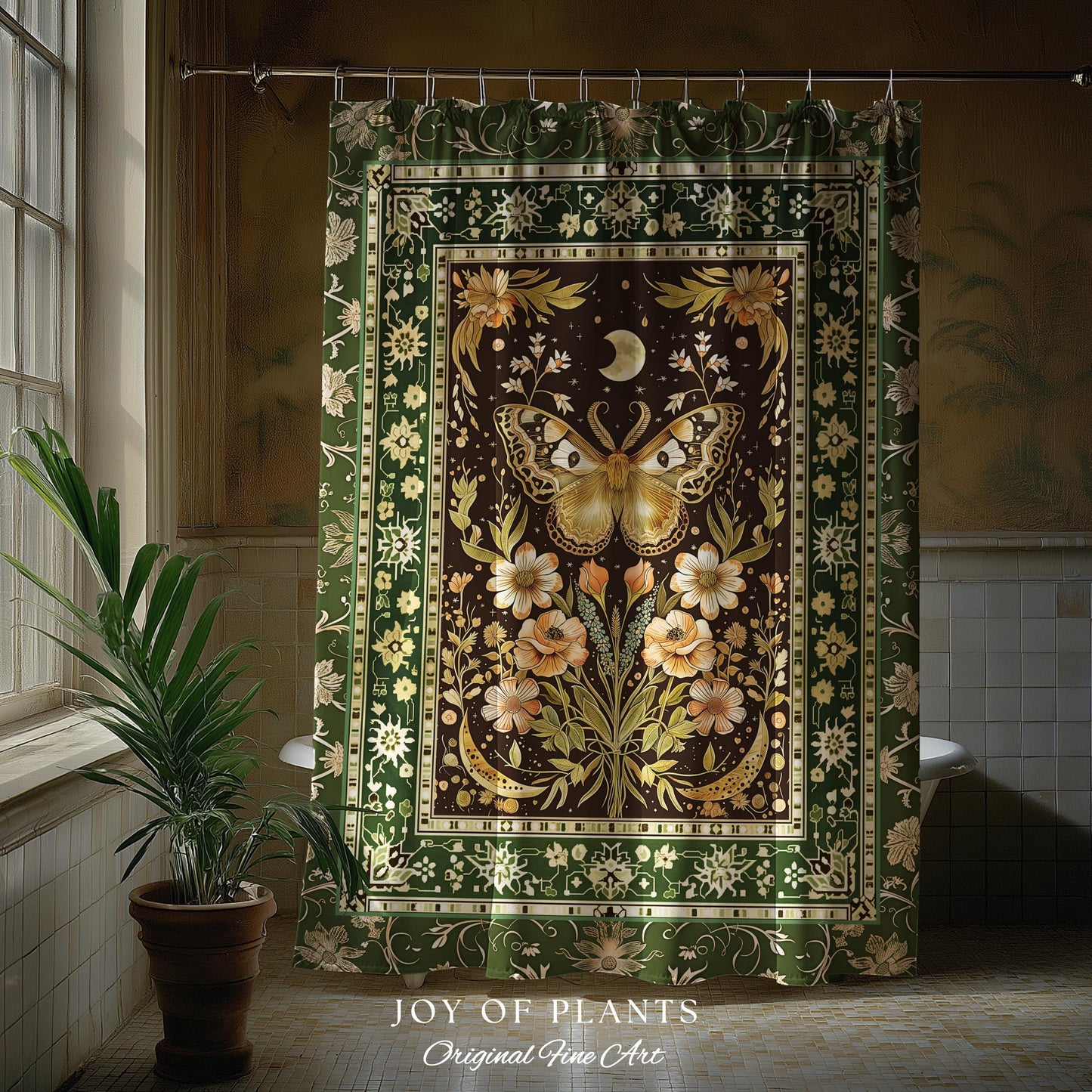 Hippie Moth Moon Shower Curtain | Floral Whimsy Fairy Aesthetic Enchanted Boho Vintage Forest Green Cottagecore Woodland Butterfly Bathroom