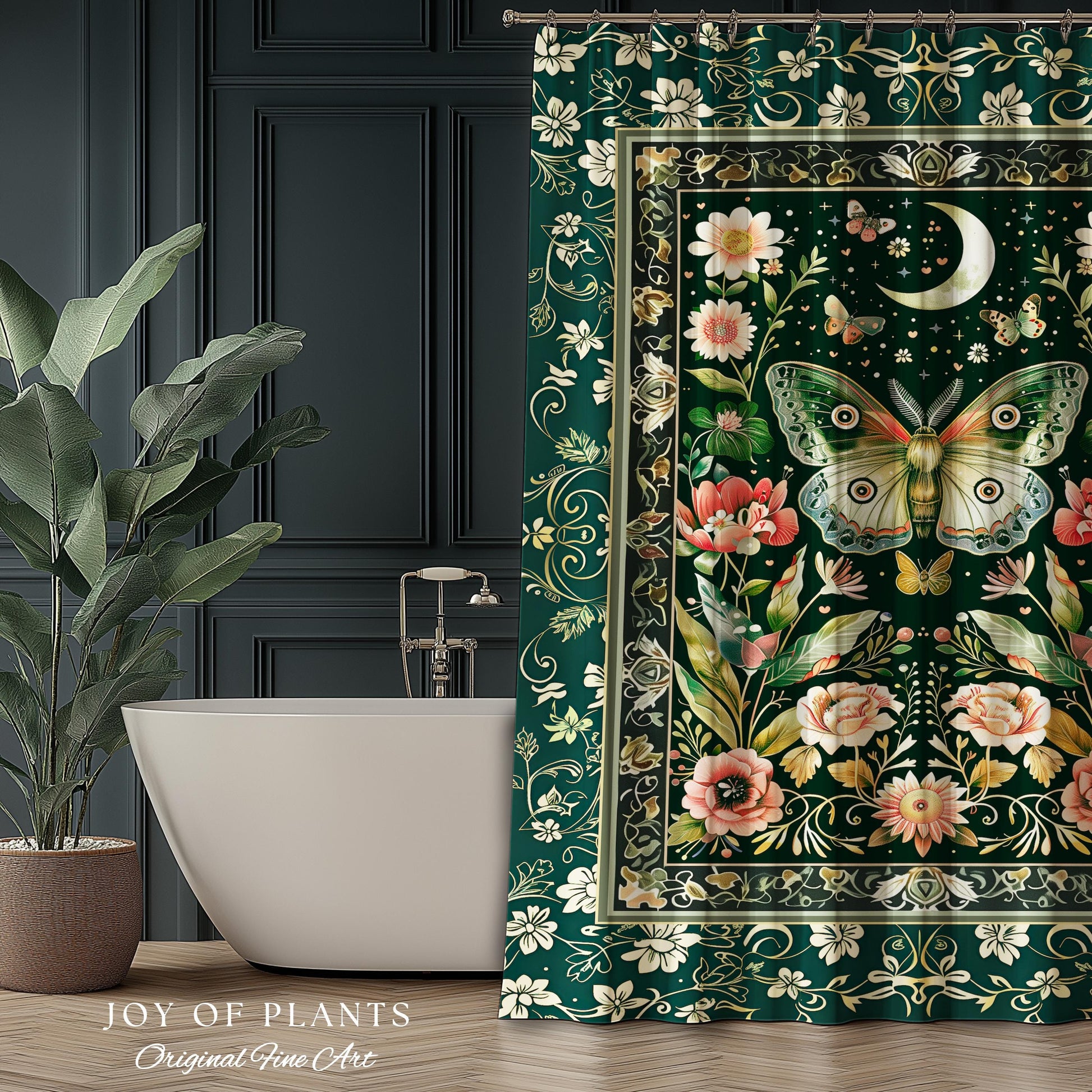 Ethereal Witchy Moth Moon Shower Curtain | Whimsical Cottagecore Dreamy Forest Bathroom Antique Green Celestial Woodland Whimsy Butterfly |