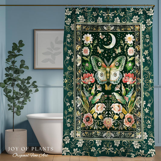Ethereal Witchy Moth Moon Shower Curtain | Whimsical Cottagecore Dreamy Forest Bathroom Antique Green Celestial Woodland Whimsy Butterfly |