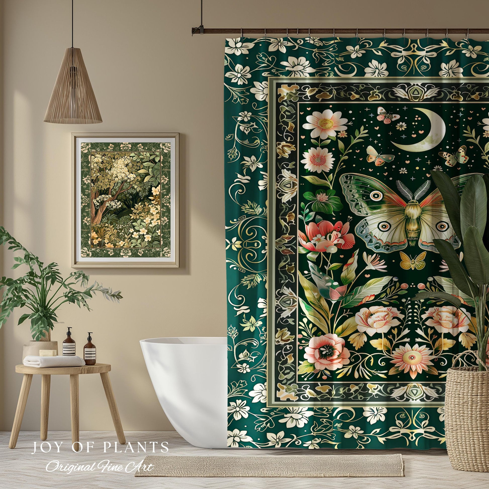 Ethereal Witchy Moth Moon Shower Curtain | Whimsical Cottagecore Dreamy Forest Bathroom Antique Green Celestial Woodland Whimsy Butterfly |