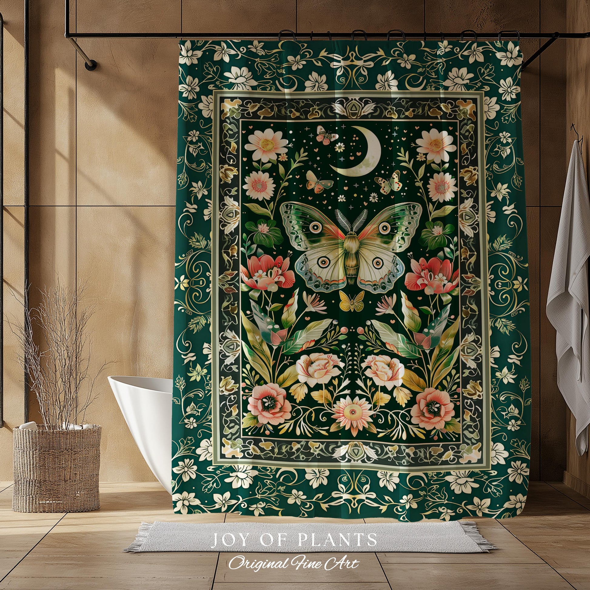 Ethereal Witchy Moth Moon Shower Curtain | Whimsical Cottagecore Dreamy Forest Bathroom Antique Green Celestial Woodland Whimsy Butterfly |