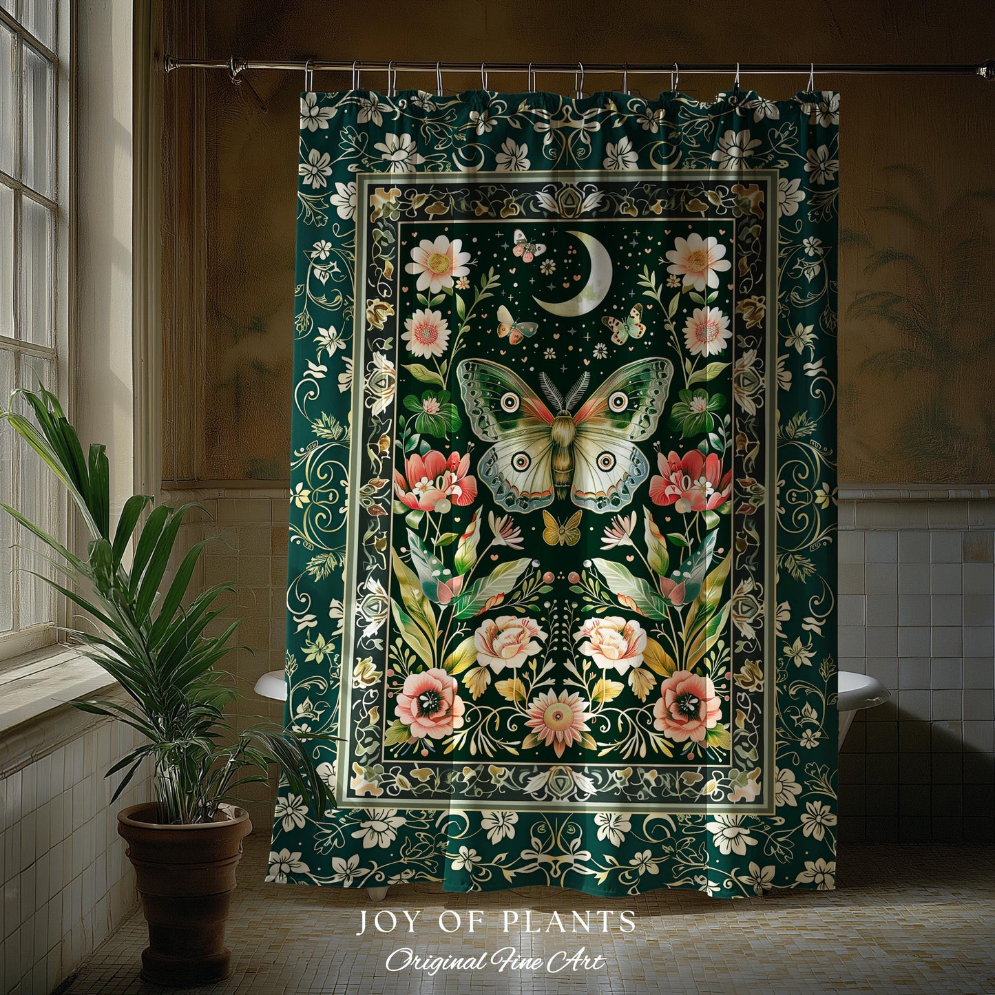 Ethereal Witchy Moth Moon Shower Curtain | Whimsical Cottagecore Dreamy Forest Bathroom Antique Green Celestial Woodland Whimsy Butterfly |