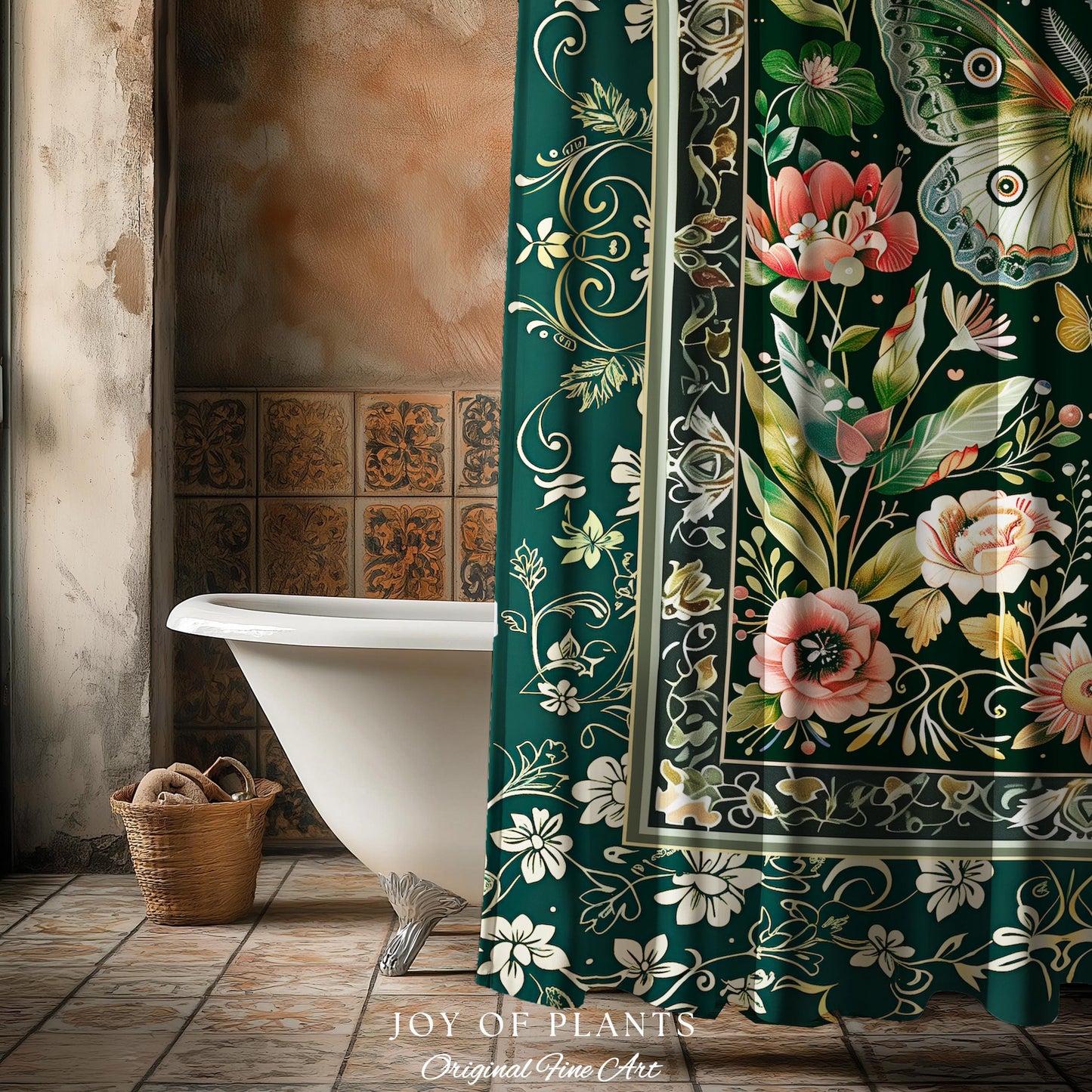 Ethereal Witchy Moth Moon Shower Curtain | Whimsical Cottagecore Dreamy Forest Bathroom Antique Green Celestial Woodland Whimsy Butterfly |