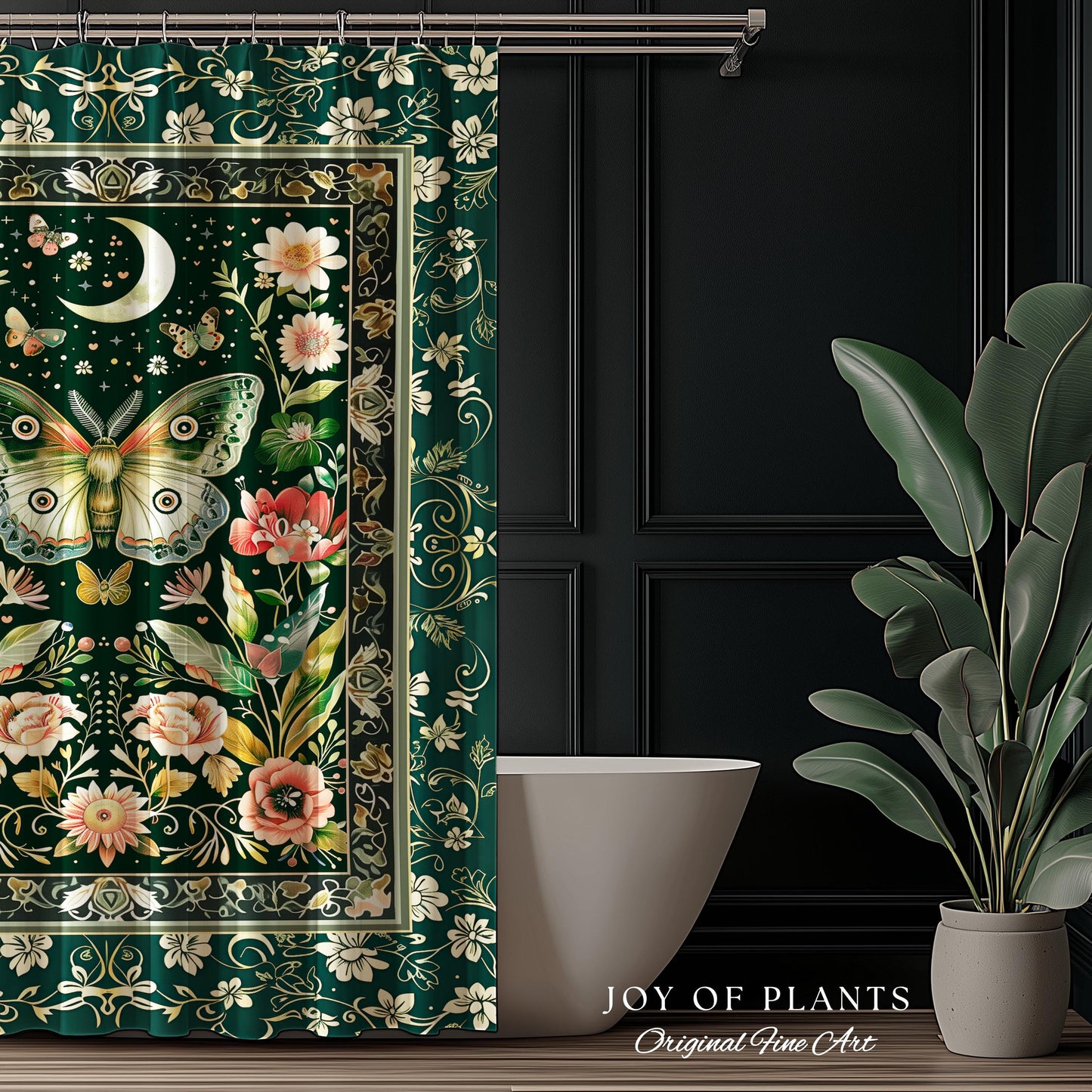 Ethereal Witchy Moth Moon Shower Curtain | Whimsical Cottagecore Dreamy Forest Bathroom Antique Green Celestial Woodland Whimsy Butterfly |
