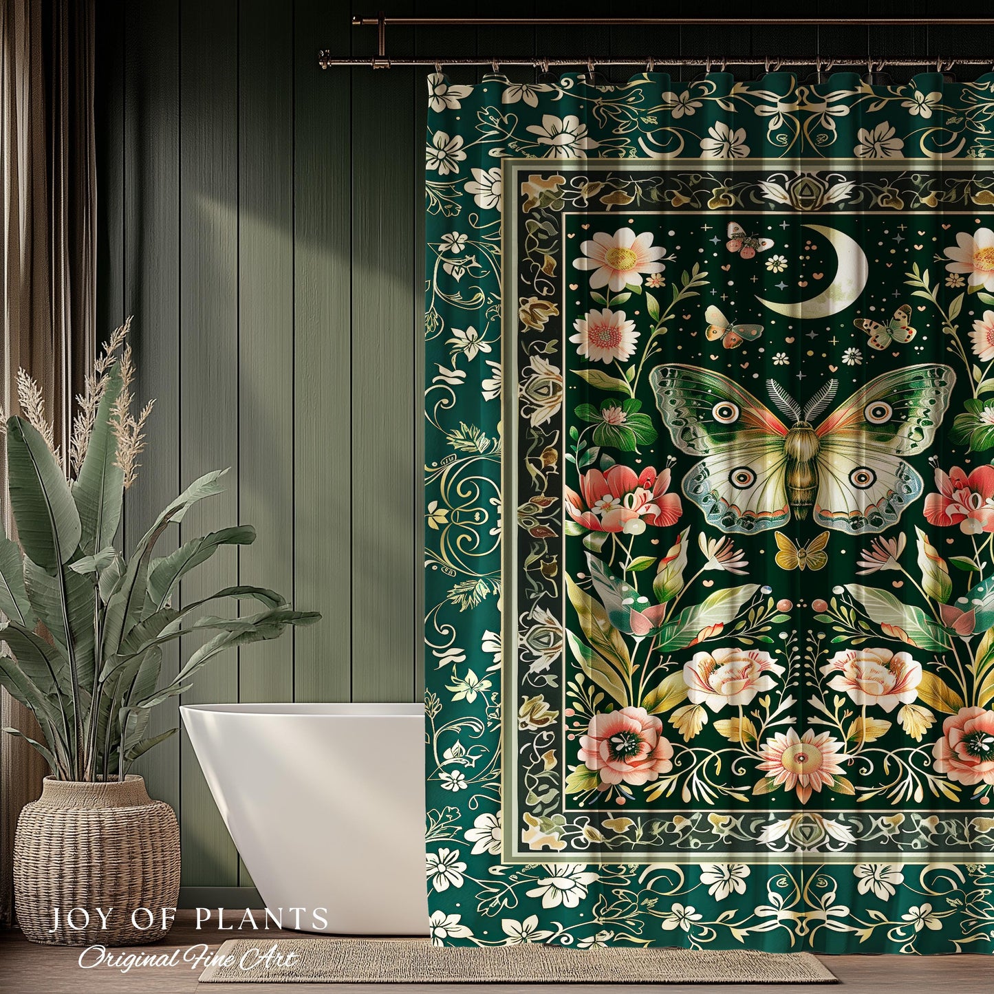 Ethereal Witchy Moth Moon Shower Curtain | Whimsical Cottagecore Dreamy Forest Bathroom Antique Green Celestial Woodland Whimsy Butterfly |