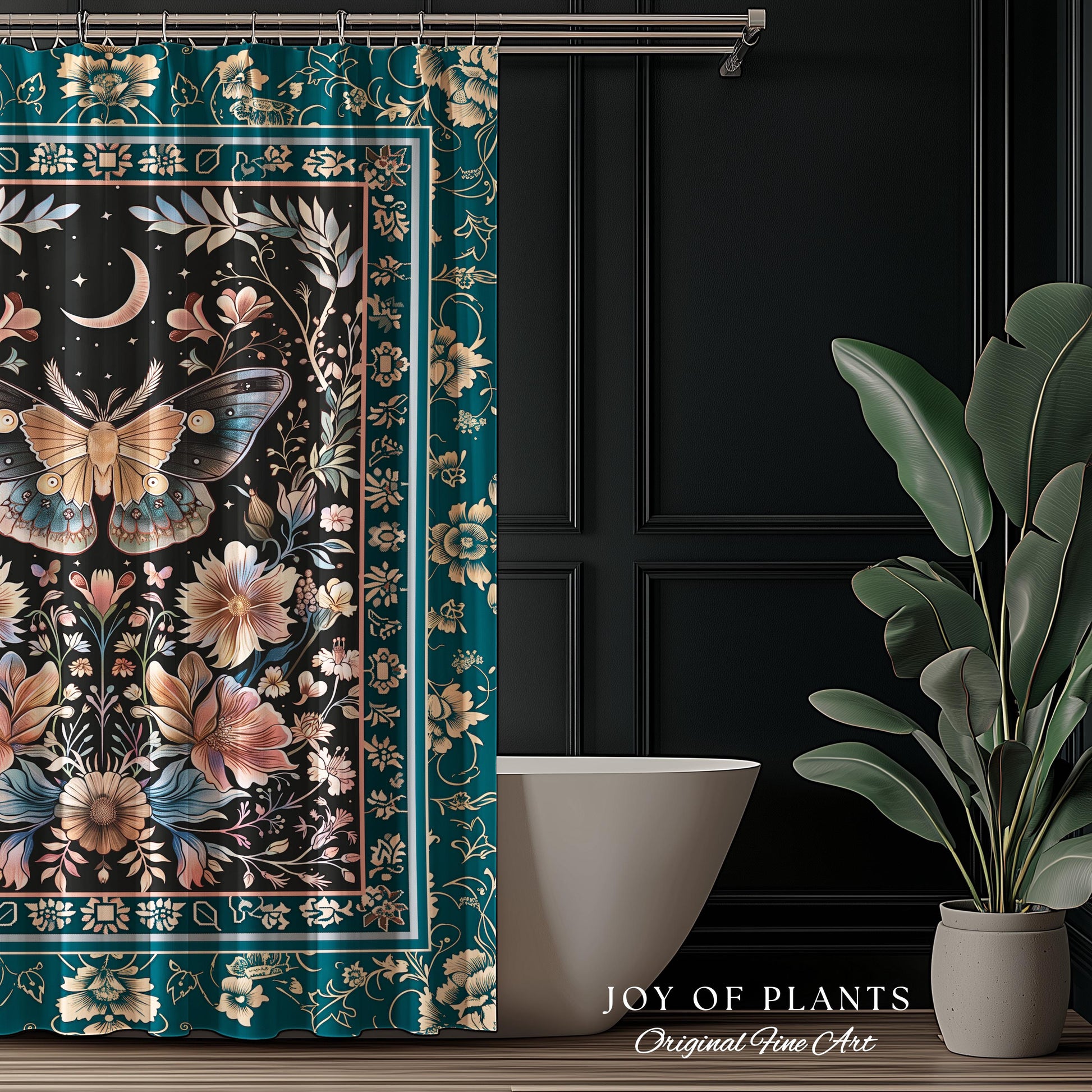 Boho Moth Moon Fairycore Shower Curtain Teal Bohemian Butterfly Floral | Whimsical Celestial Teal Dark Cottagecore Bathroom Maximalist Decor