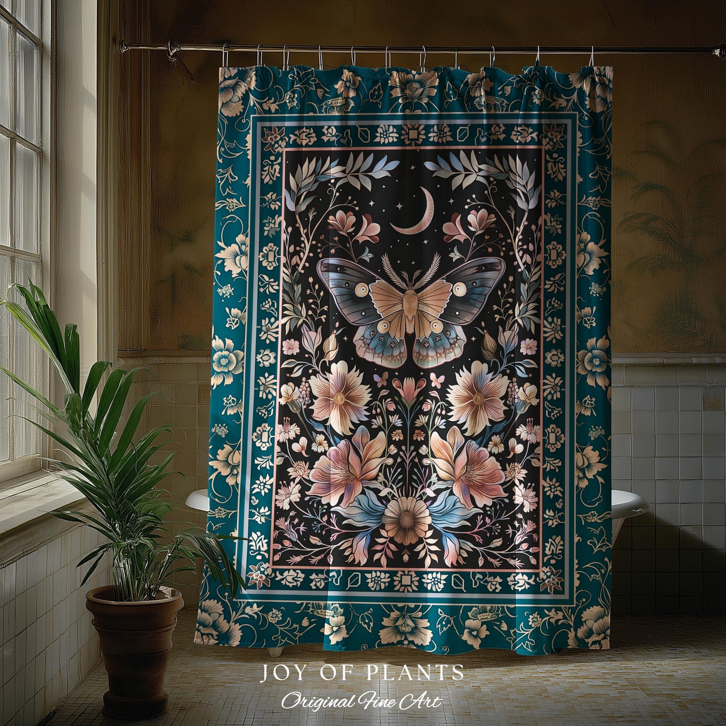 Boho Moth Moon Fairycore Shower Curtain Teal Bohemian Butterfly Floral | Whimsical Celestial Teal Dark Cottagecore Bathroom Maximalist Decor