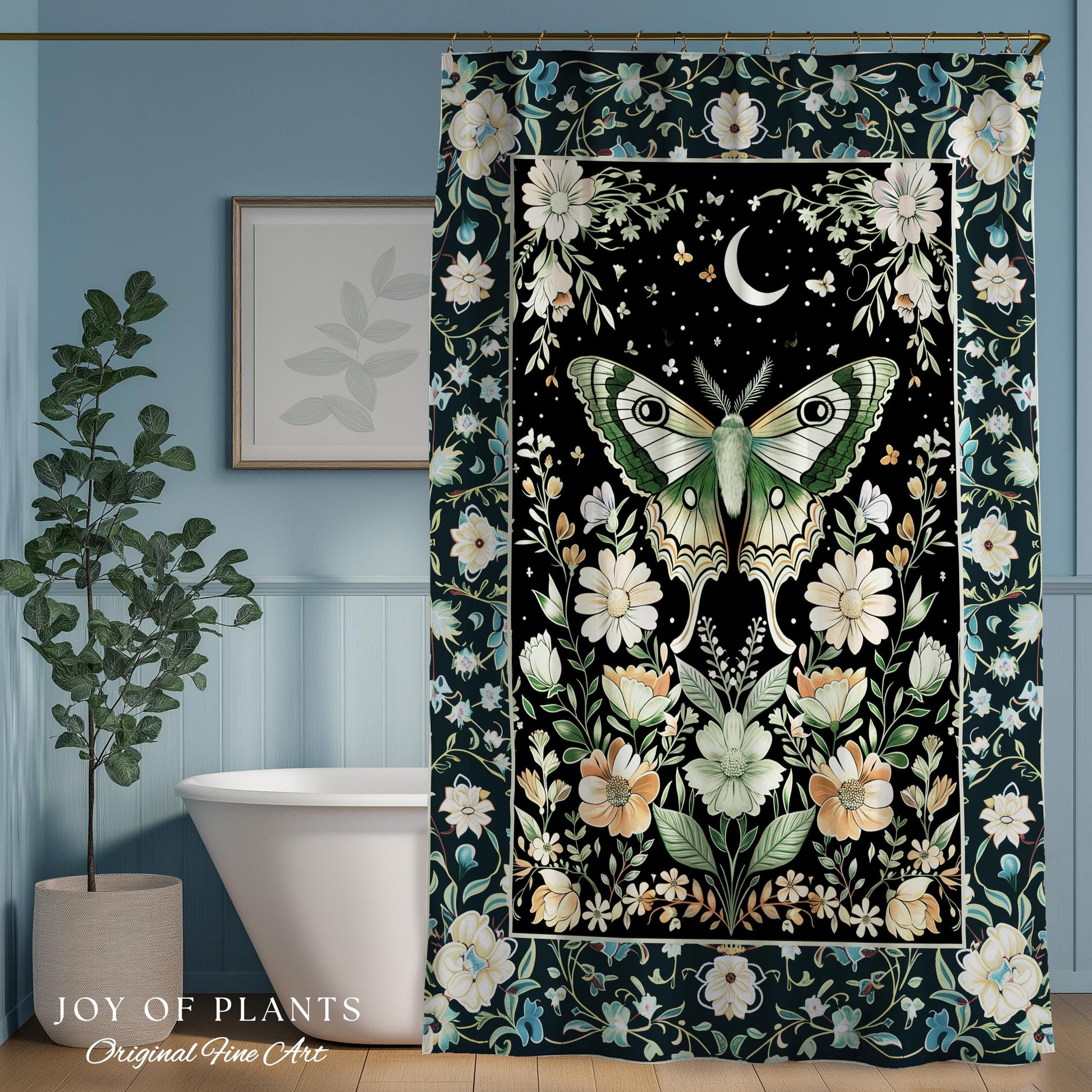 Luna Moth Folklore Aesthetic Shower Curtain | Whimsigoth Eclectic Maximalist Bathroom Accent Cottagecore Dreamy Forestcore Antique Green |